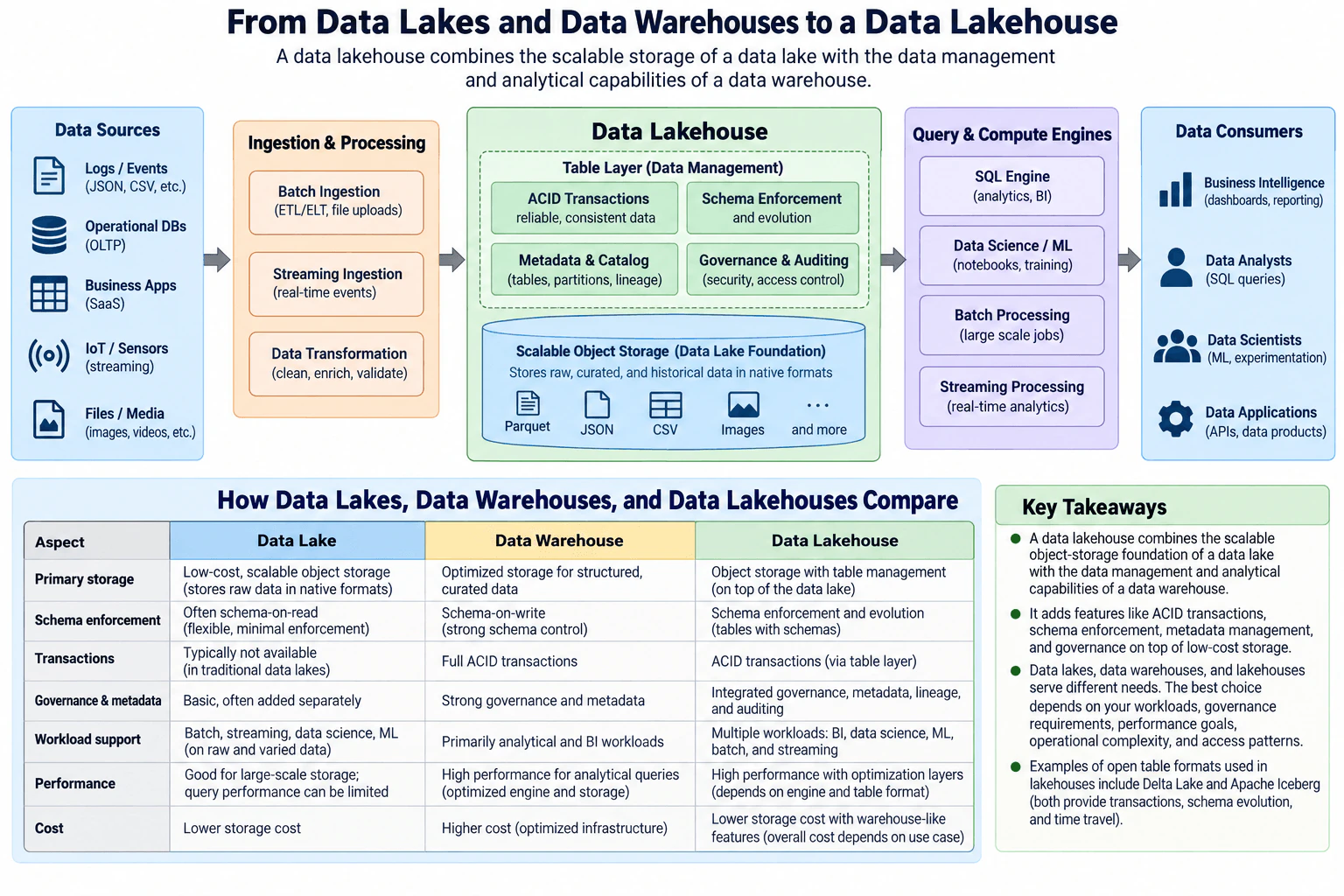 What is a data lakehouse, and how does it relate to data lakes and data warehouses? diagram