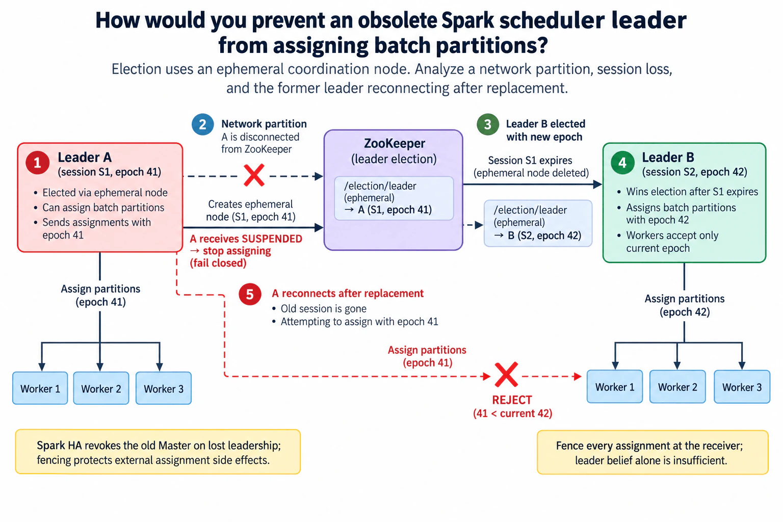How would you prevent an obsolete Spark scheduler leader from assigning batch partitions? diagram