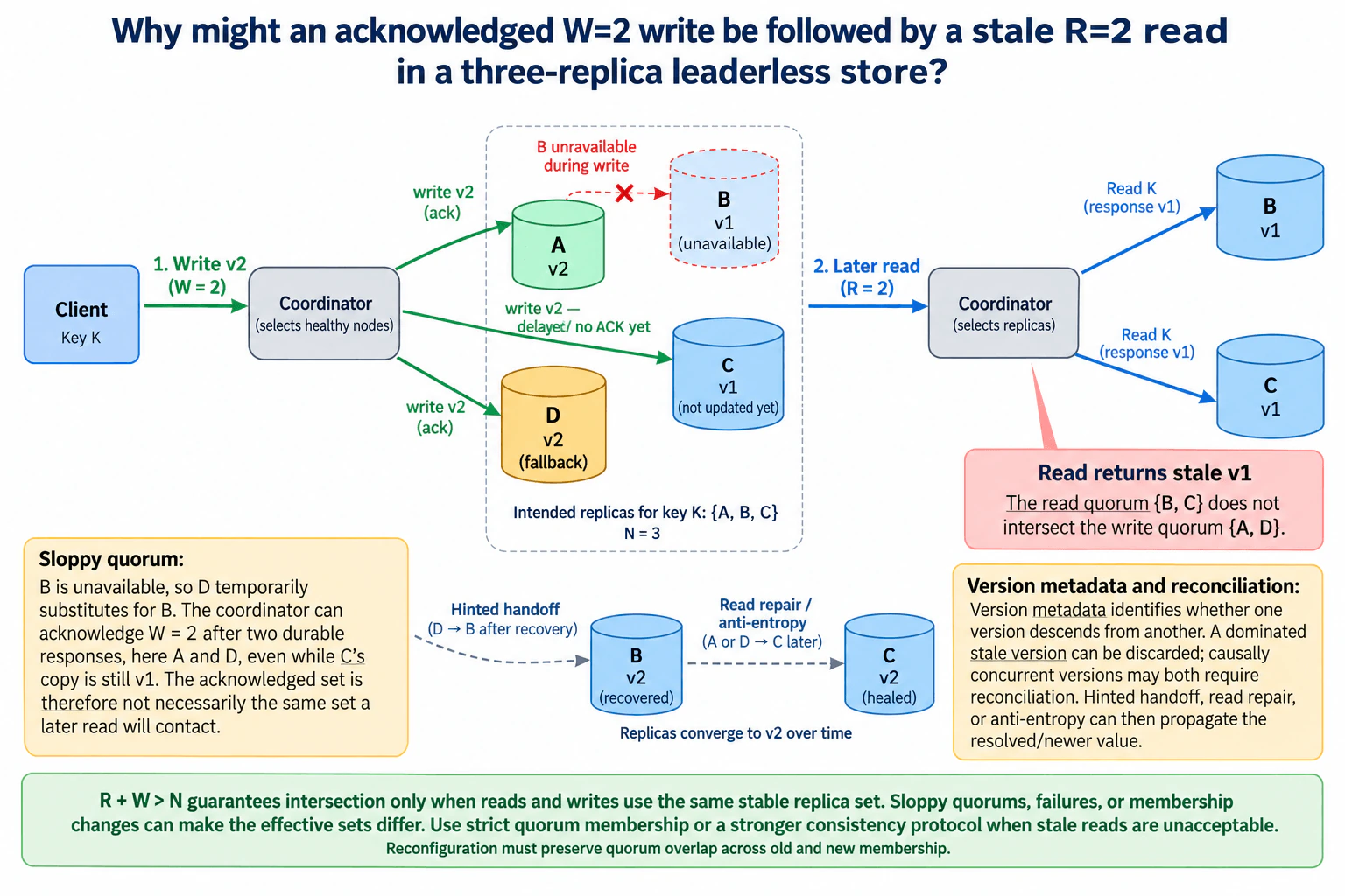 Why might an acknowledged W=2 write be followed by a stale R=2 read in a three-replica leaderless store? diagram