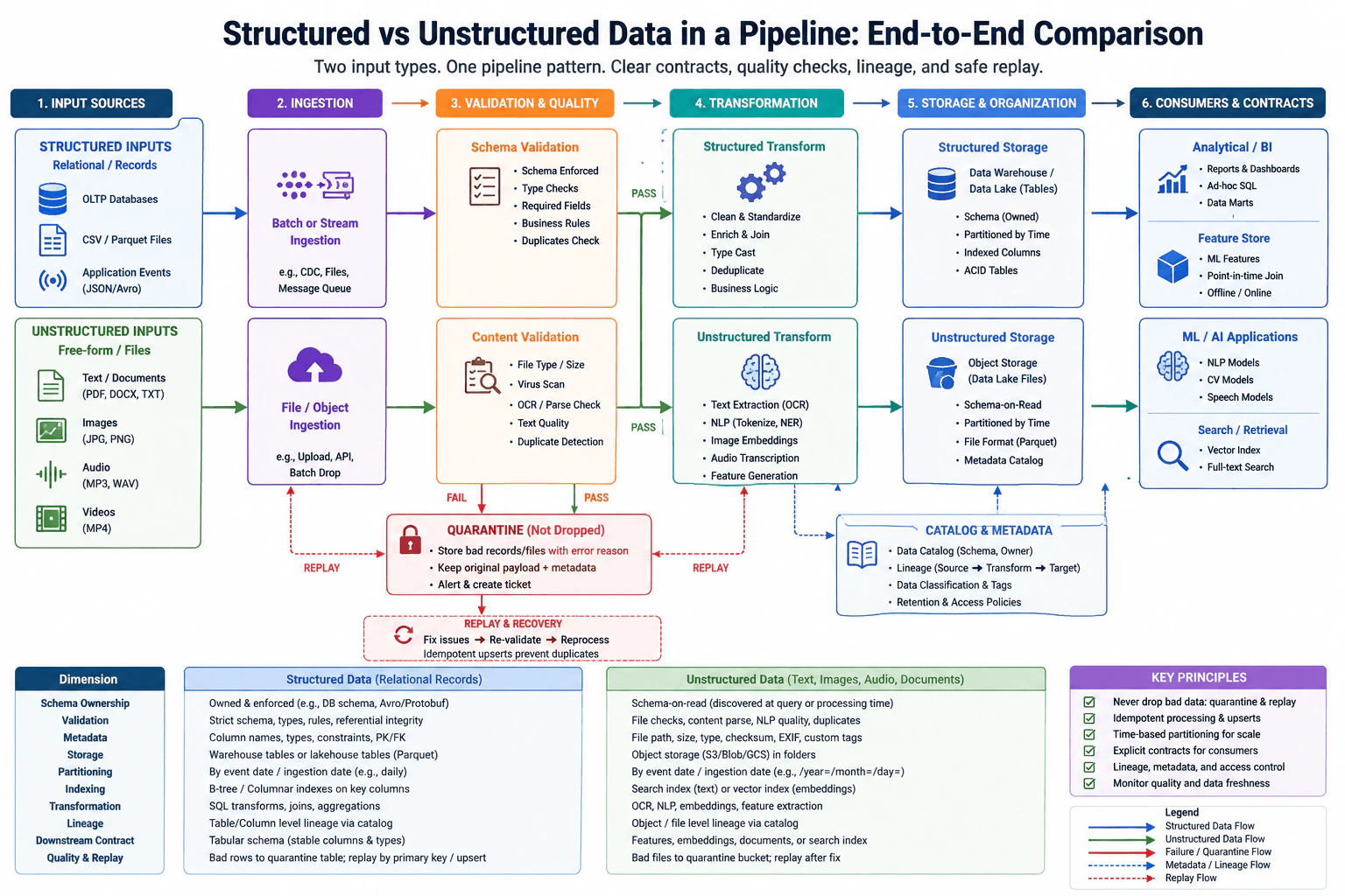How do structured and unstructured data differ in a pipeline? diagram