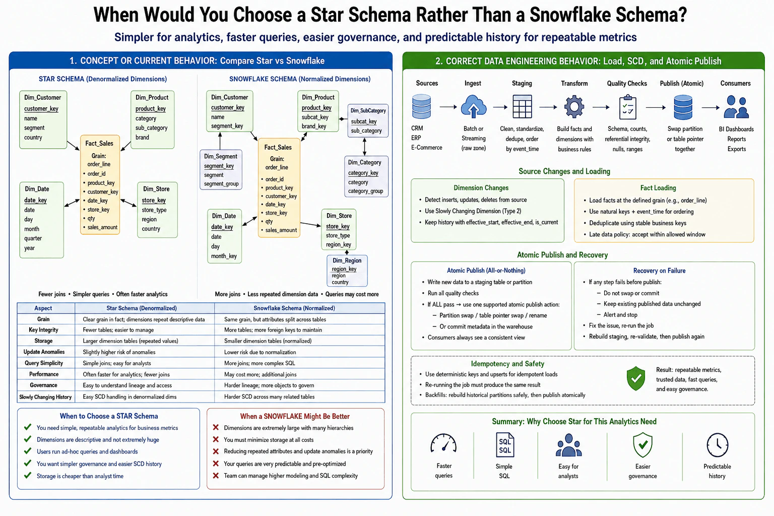 When would you choose a star schema rather than a snowflake schema? diagram