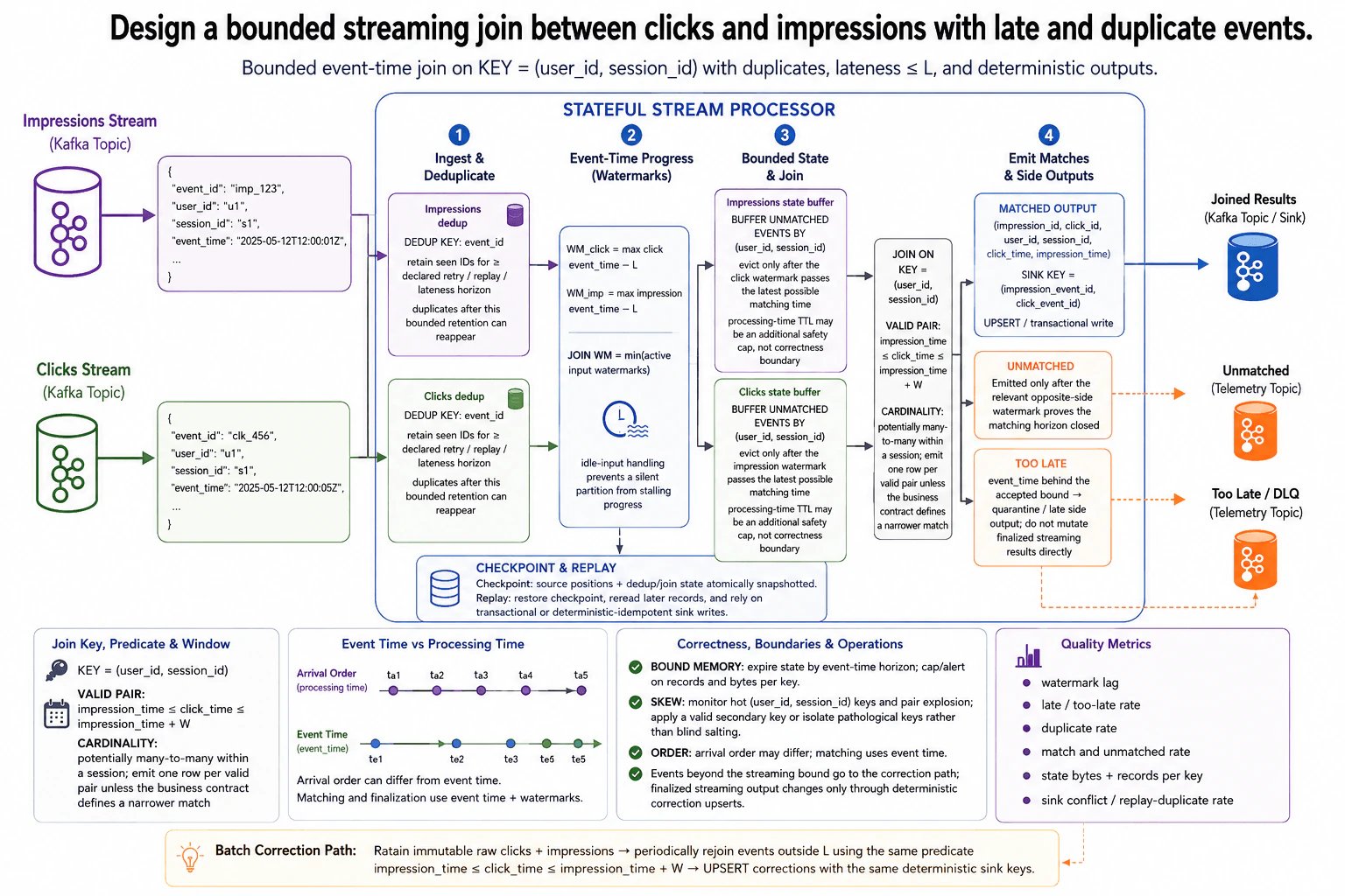 Design a bounded streaming join between clicks and impressions with late and duplicate events. diagram