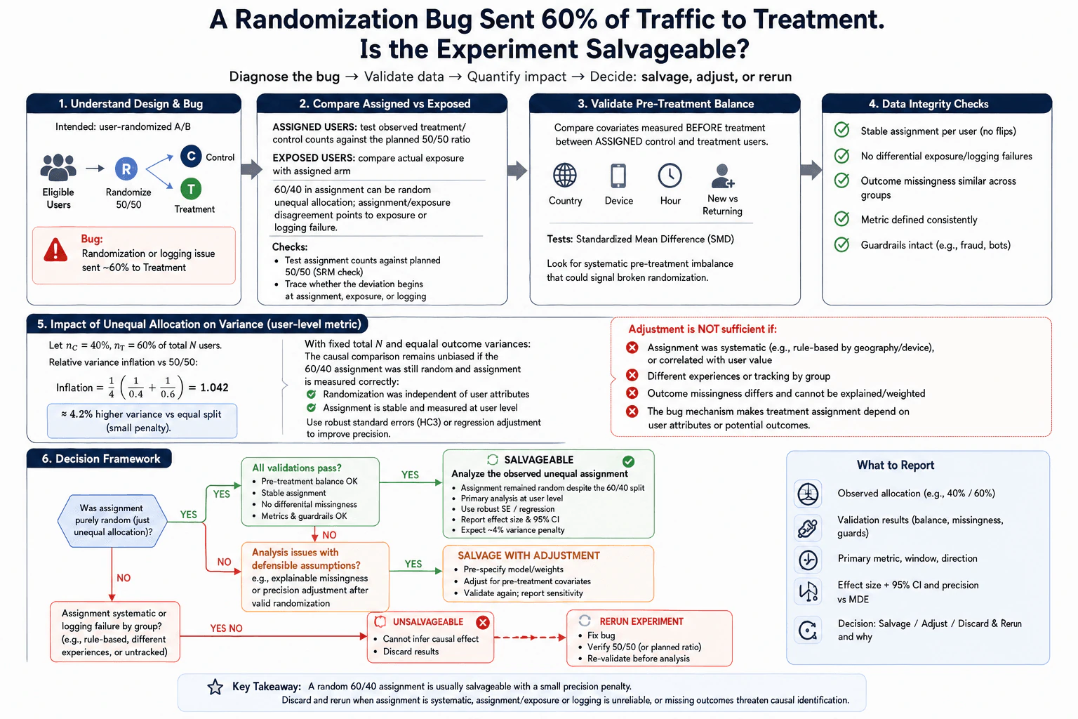 A randomization bug sent 60% of traffic to treatment. Is the experiment salvageable? diagram