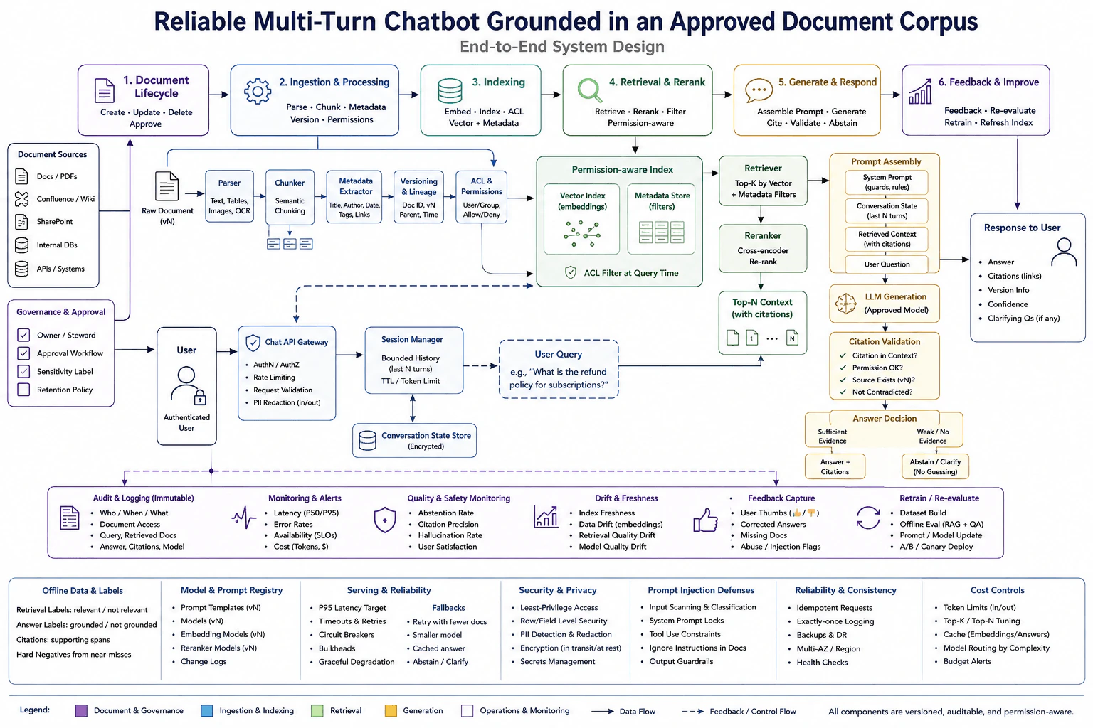Design a reliable multi-turn chatbot grounded in an approved document corpus. diagram