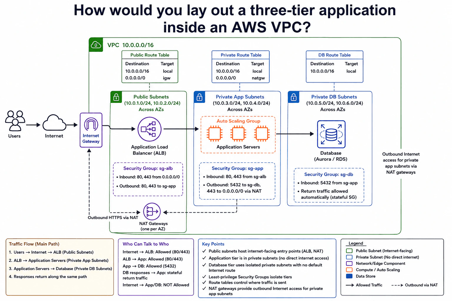 How would you lay out a three-tier application inside an AWS VPC? diagram