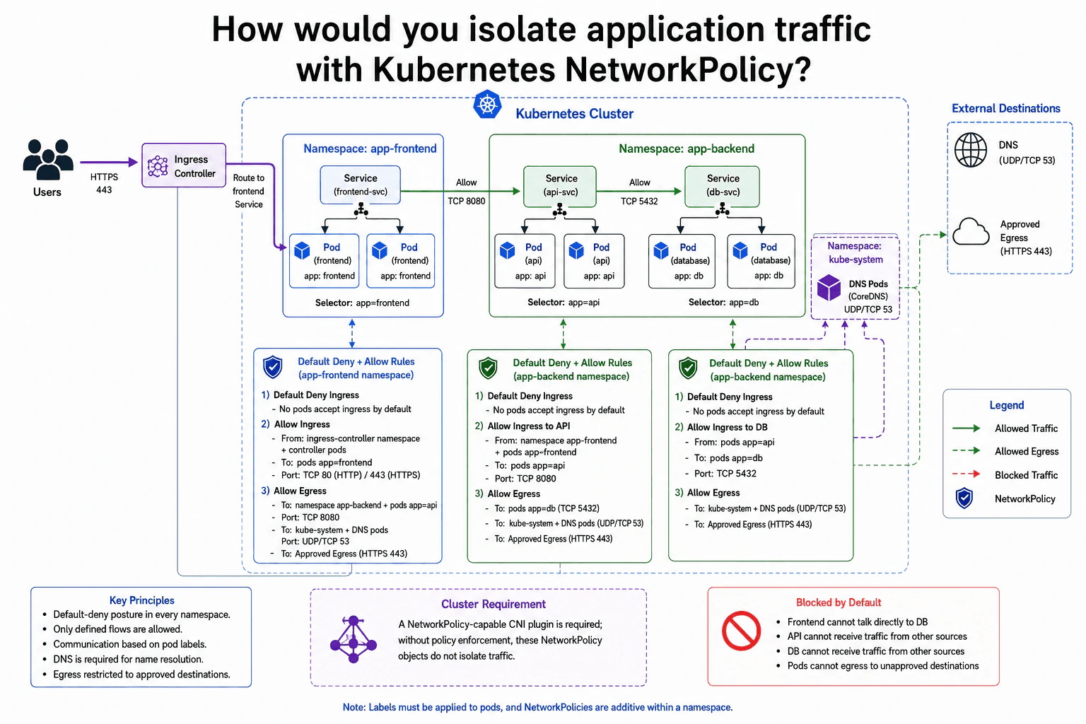 How would you isolate application traffic with Kubernetes NetworkPolicy? diagram