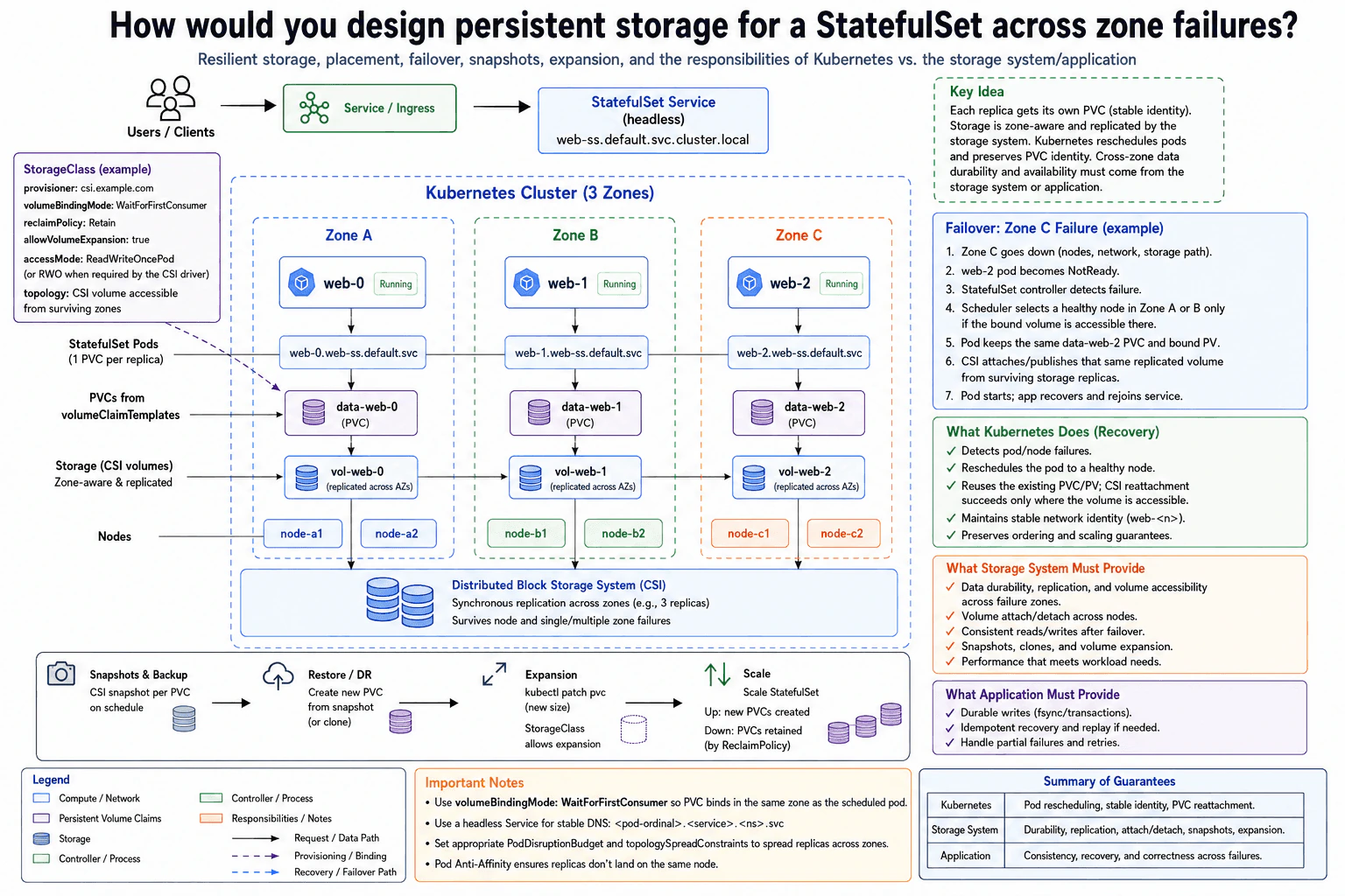 How would you design persistent storage for a StatefulSet across zone failures? diagram