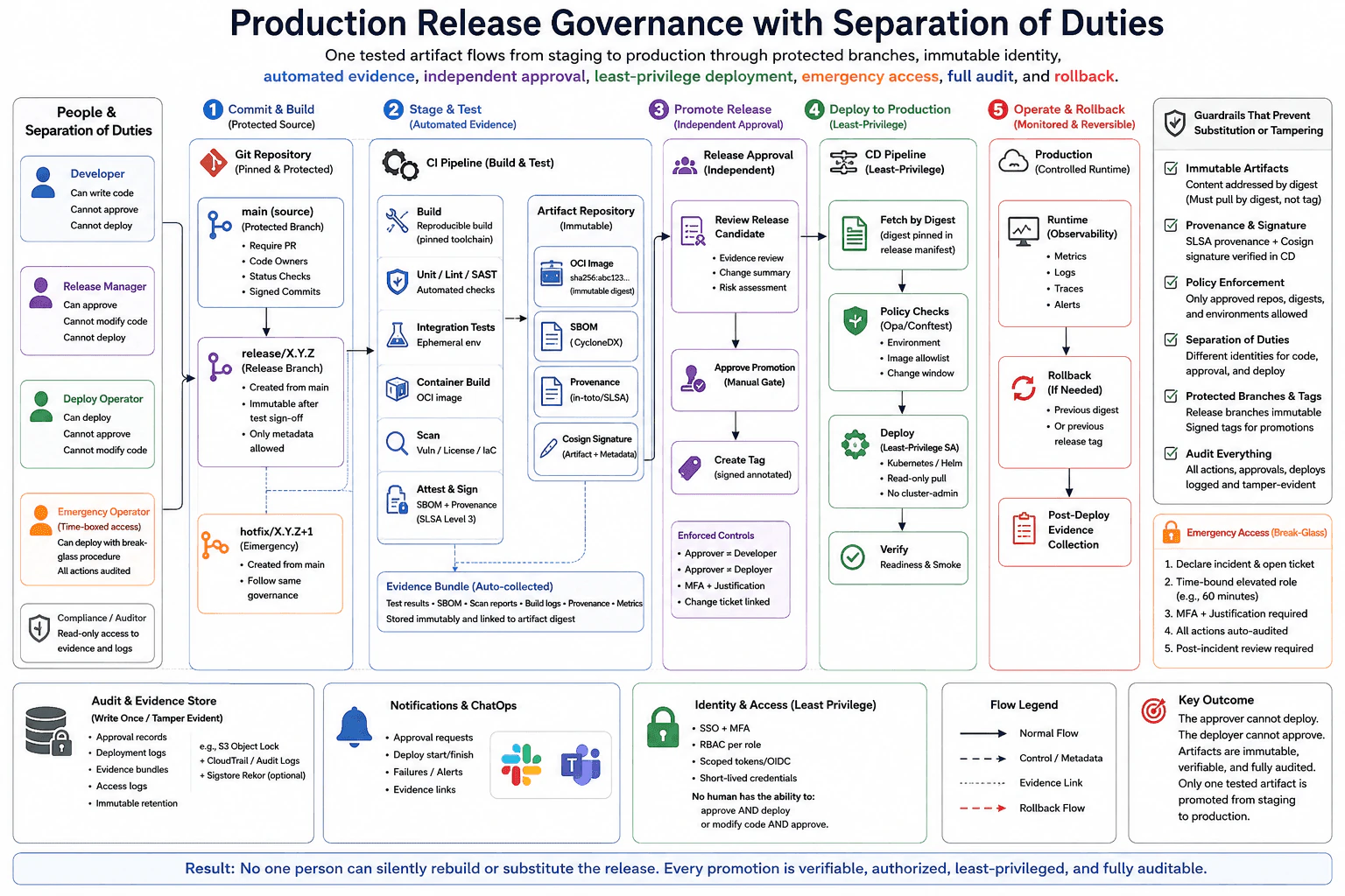 How would you design production release governance with separation of duties? diagram