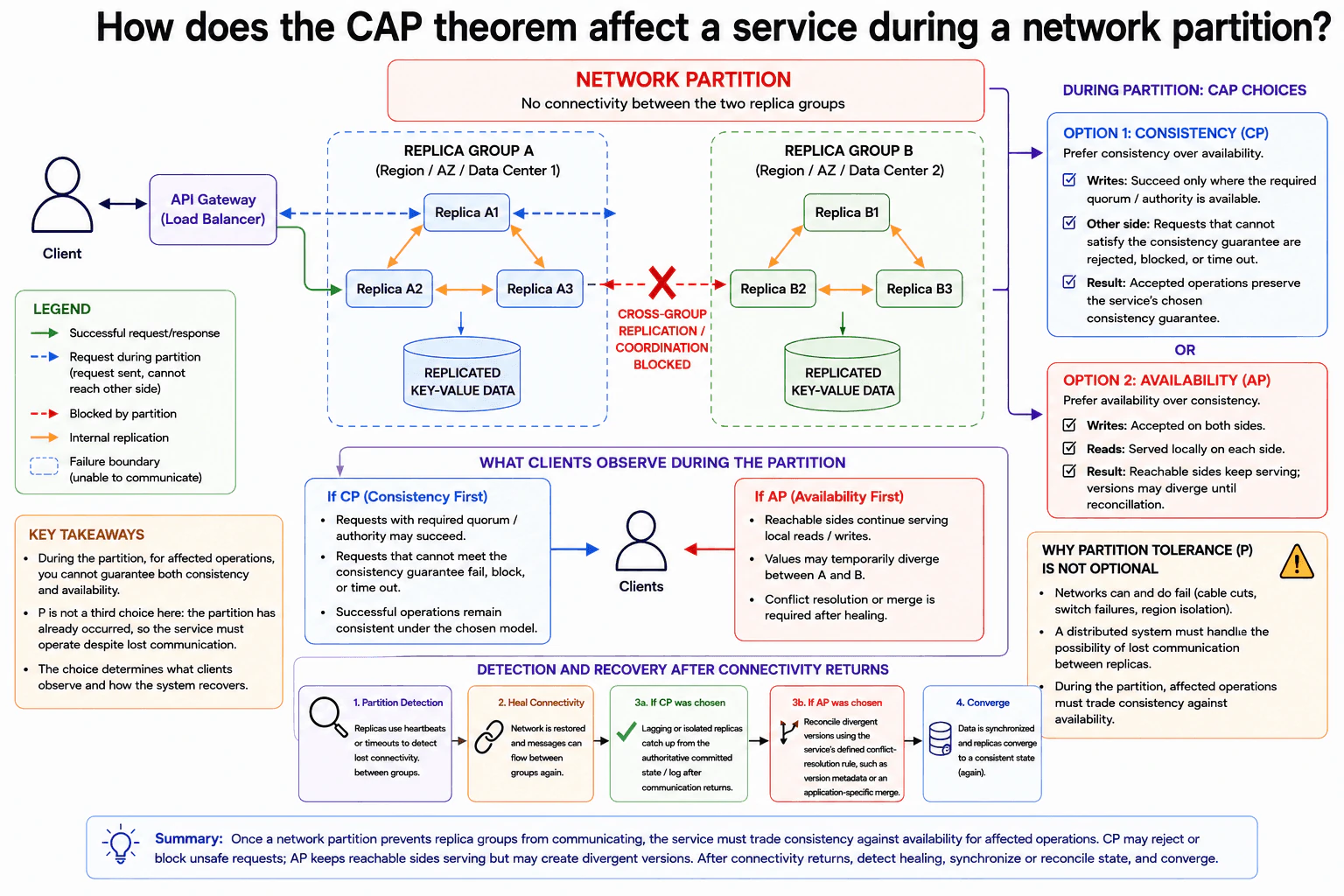 How does the CAP theorem affect a service during a network partition? diagram