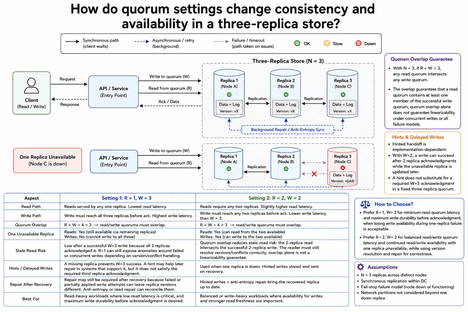 How do quorum settings change consistency and availability in a three-replica store? diagram