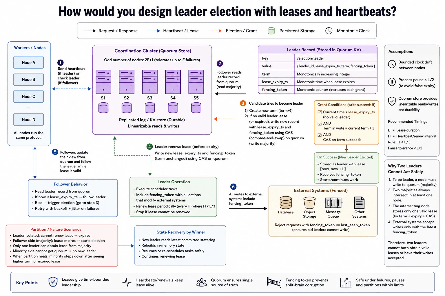 How would you design leader election with leases and heartbeats? diagram