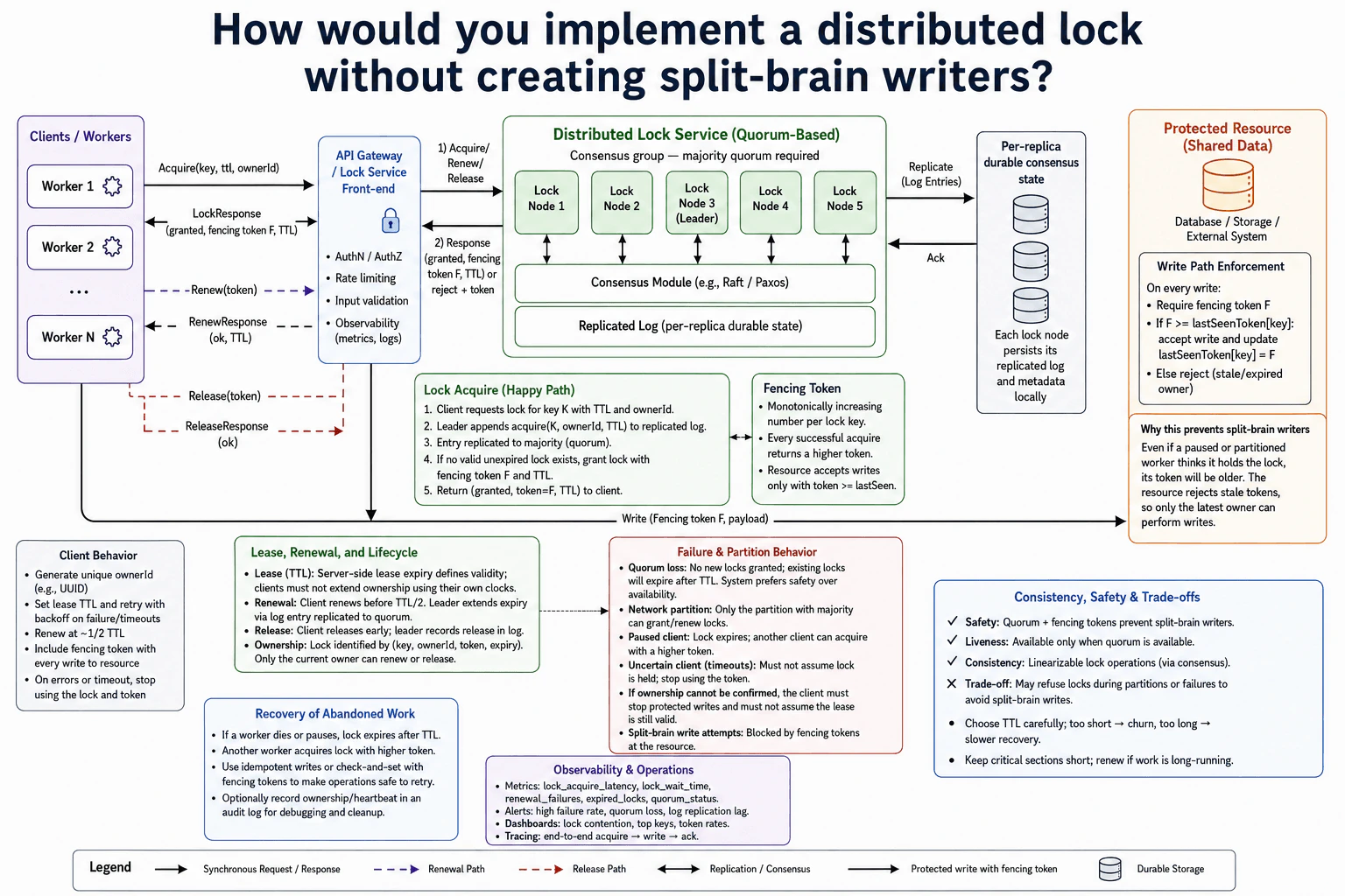 How would you implement a distributed lock without creating split-brain writers? diagram