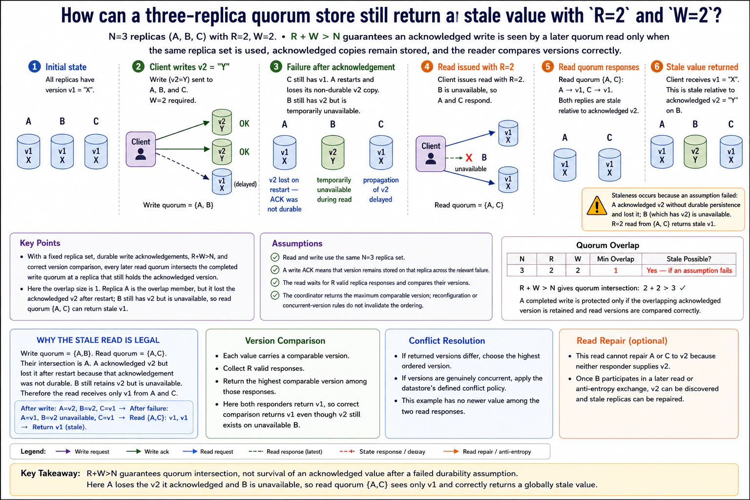 How can a three-replica quorum store still return a stale value with `R=2` and `W=2`? diagram