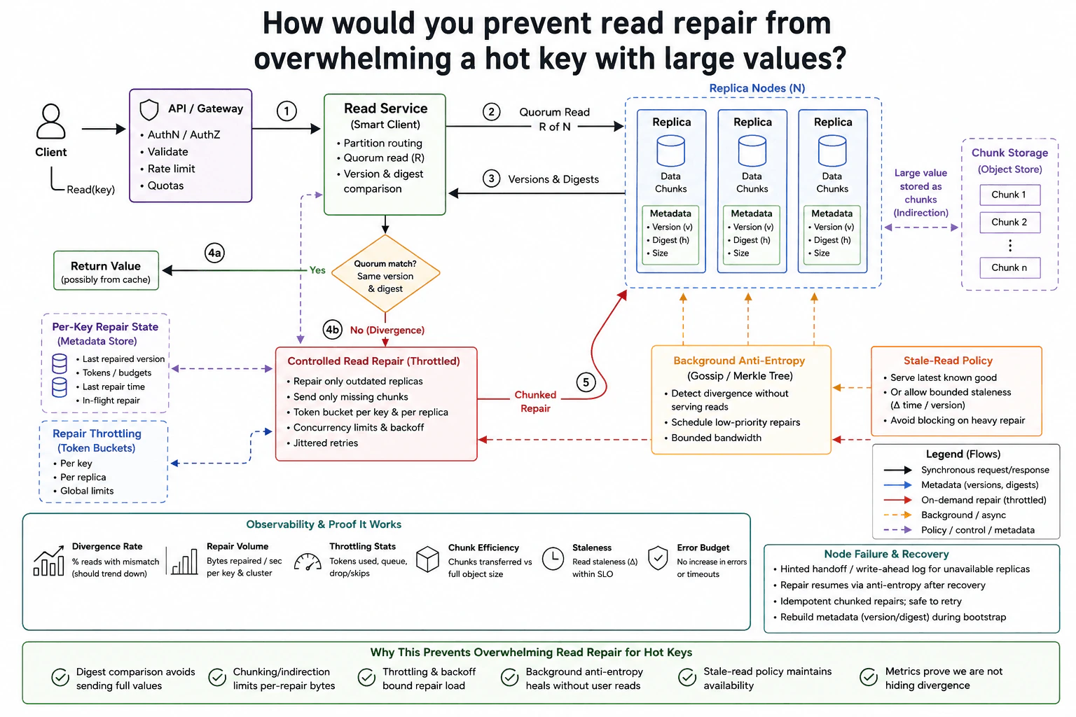 How would you prevent read repair from overwhelming a hot key with large values? diagram
