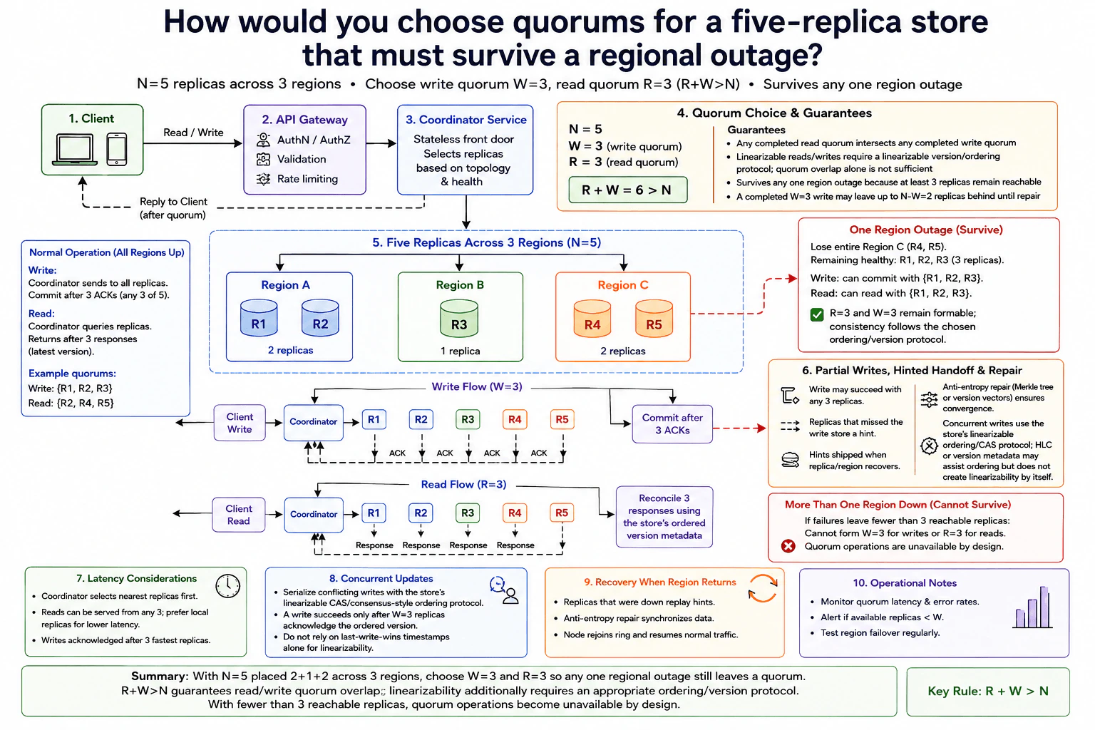 How would you choose quorums for a five-replica store that must survive a regional outage? diagram