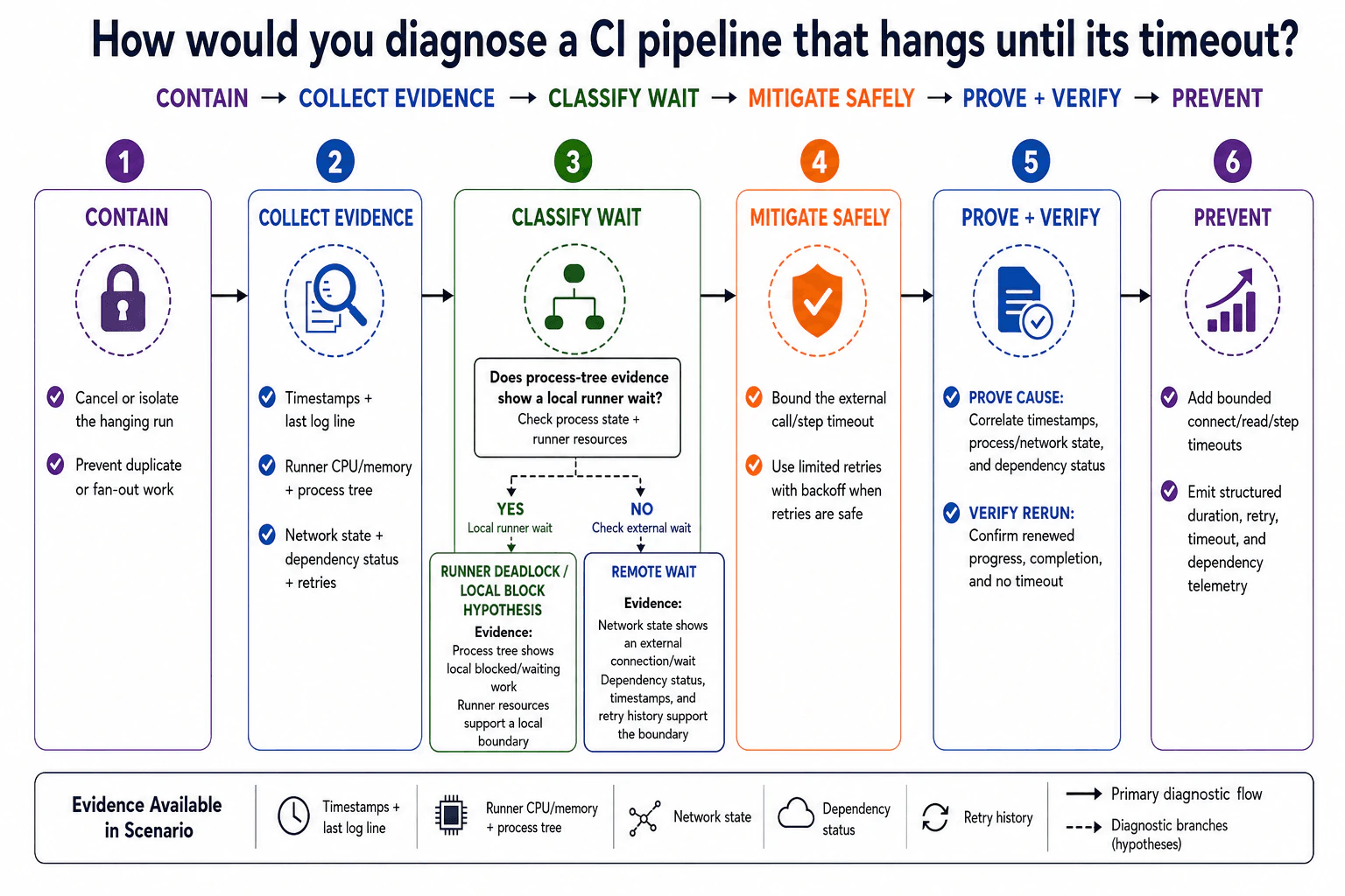 How would you diagnose a CI pipeline that hangs until its timeout? diagram