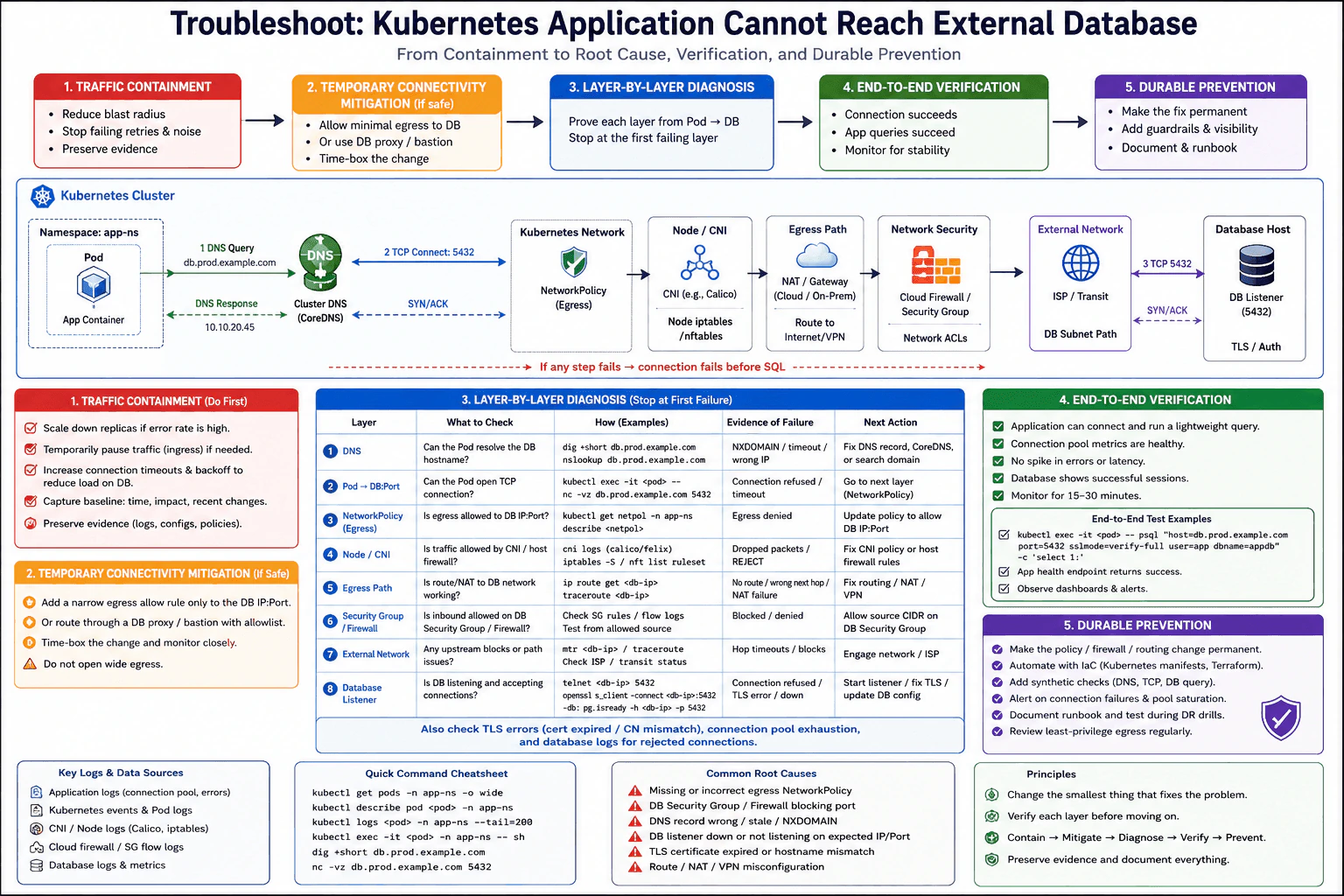 How would you troubleshoot a Kubernetes application that cannot reach an external database? diagram