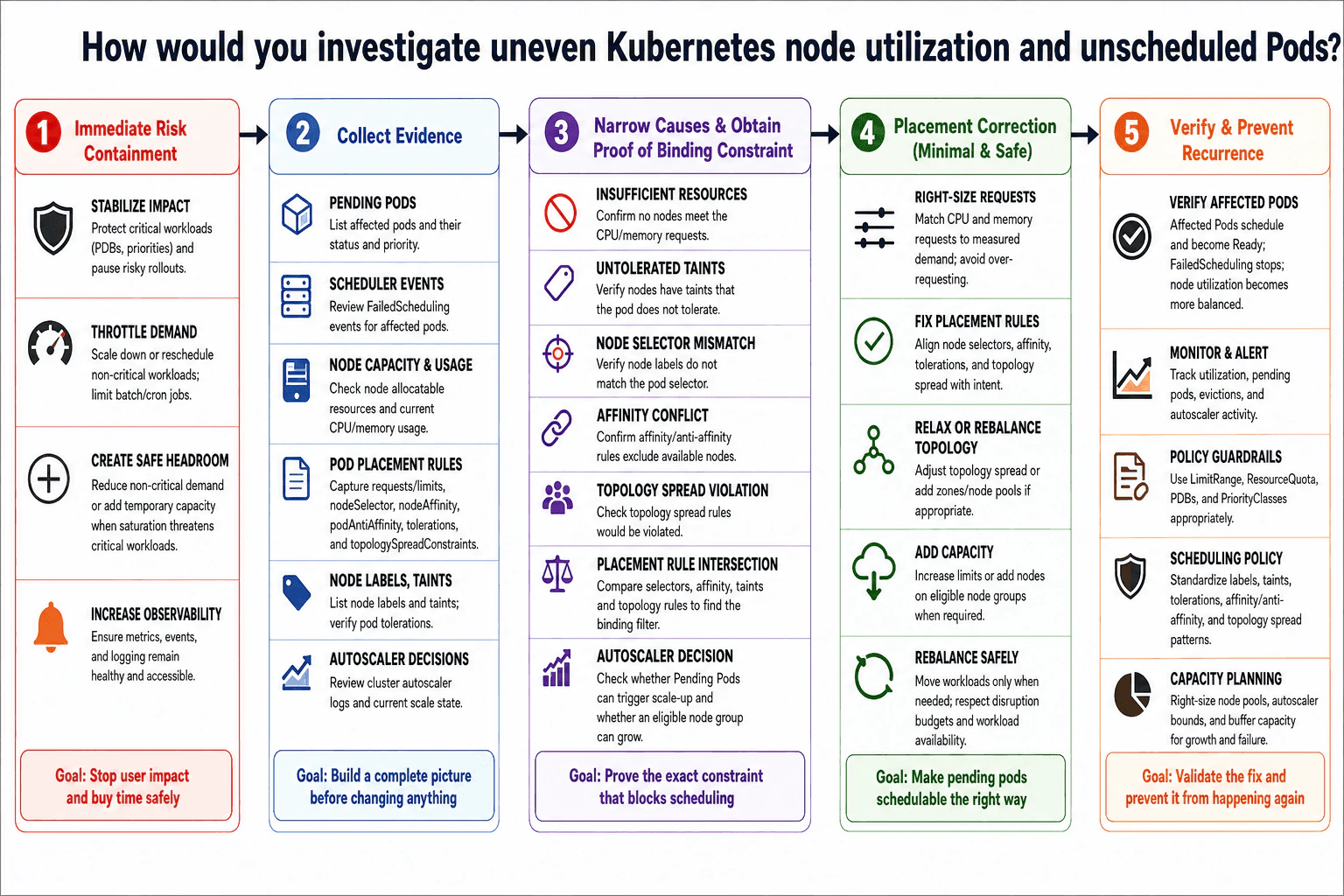 How would you investigate uneven Kubernetes node utilization and unscheduled Pods? diagram