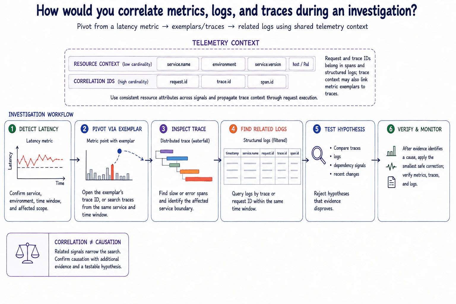How would you correlate metrics, logs, and traces during an investigation? diagram