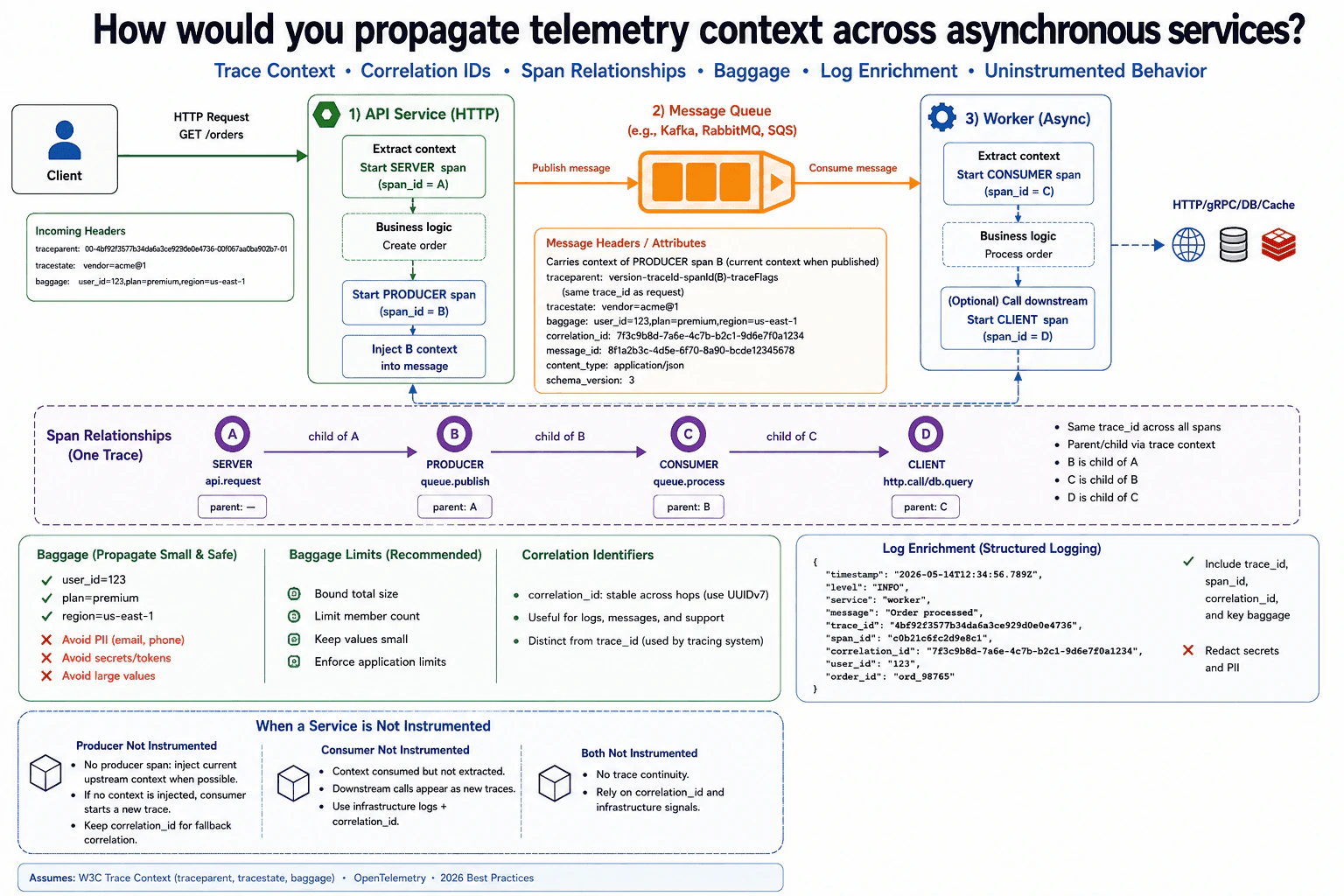 How would you propagate telemetry context across asynchronous services? diagram