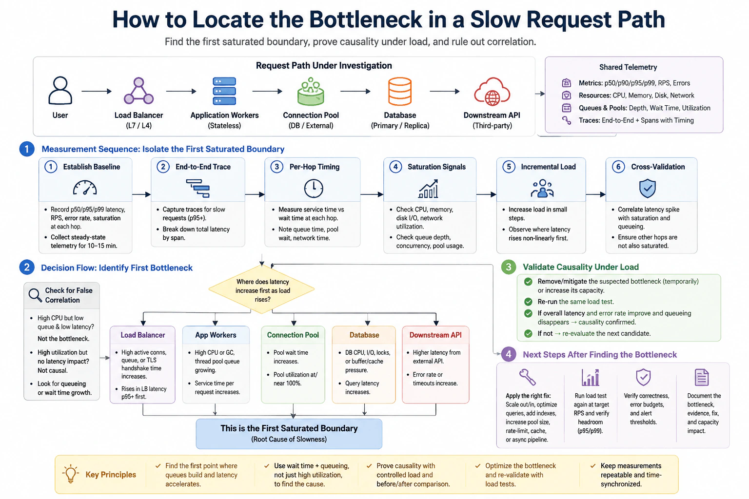 How would you locate the bottleneck in a slow request path? diagram