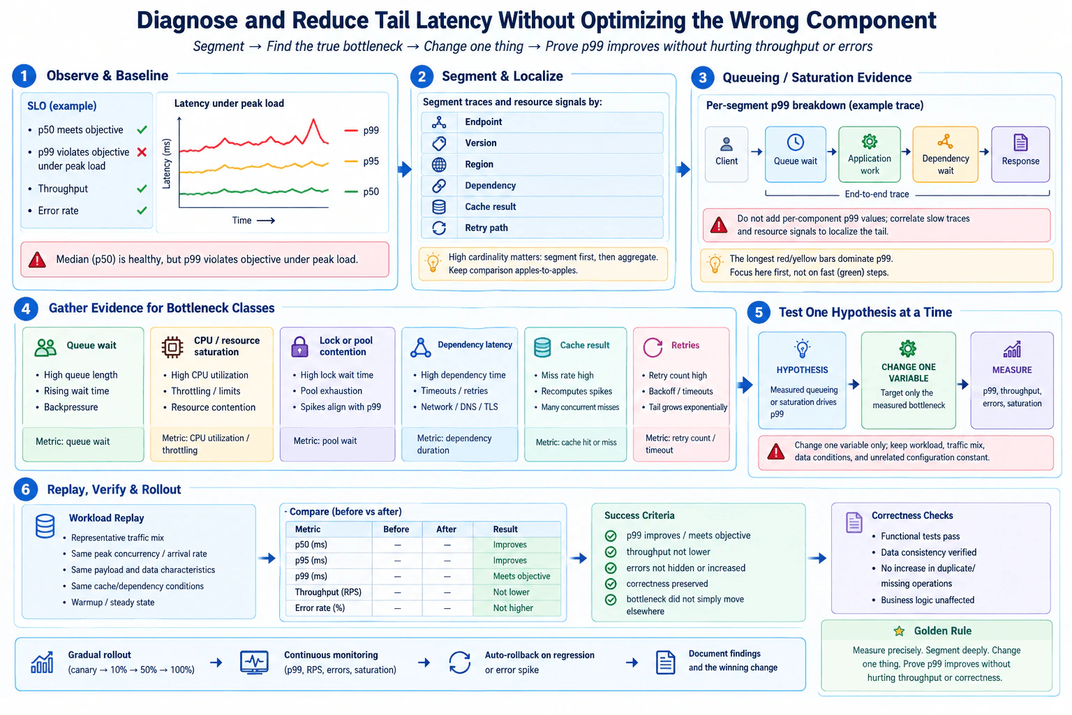 How would you diagnose and reduce tail latency without optimizing the wrong component? diagram