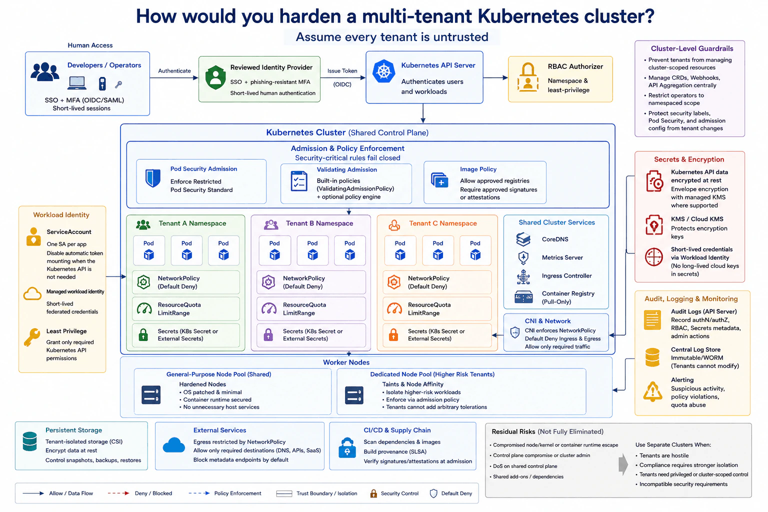 How would you harden a multi-tenant Kubernetes cluster? diagram