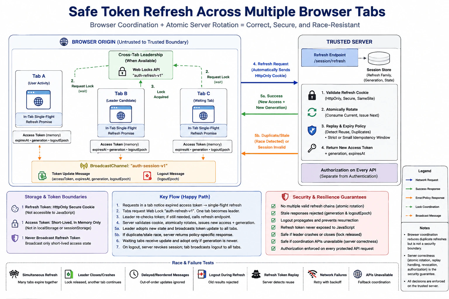 How would you make token refresh safe across multiple browser tabs? diagram