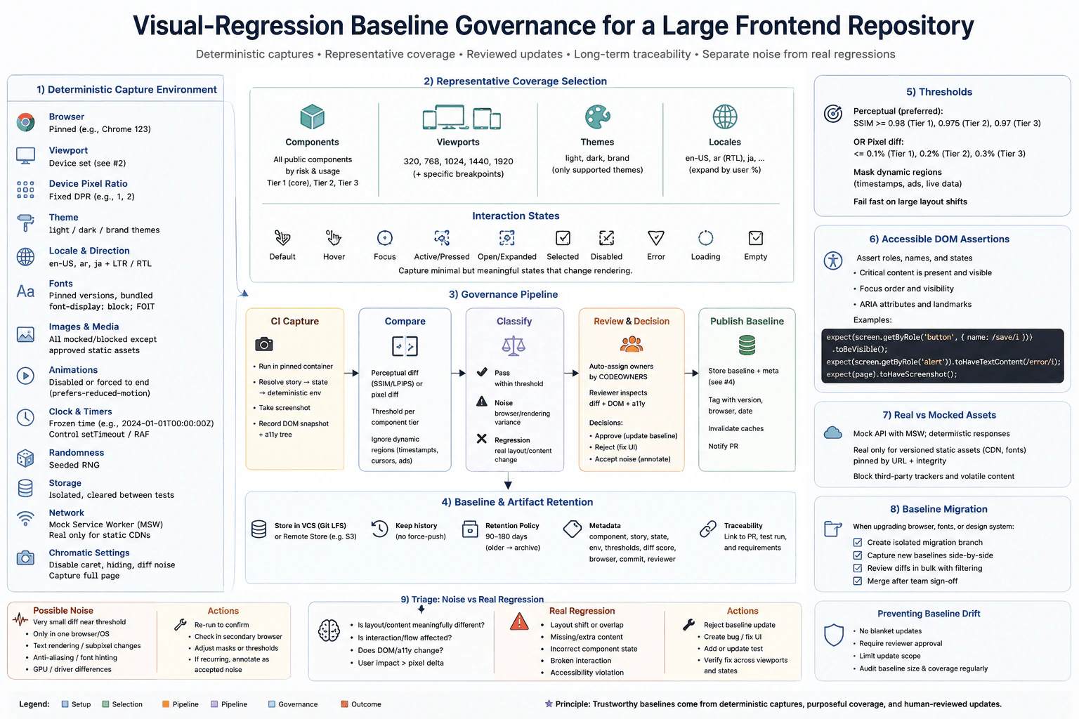 Design governance for visual-regression baselines in a large frontend repository. diagram
