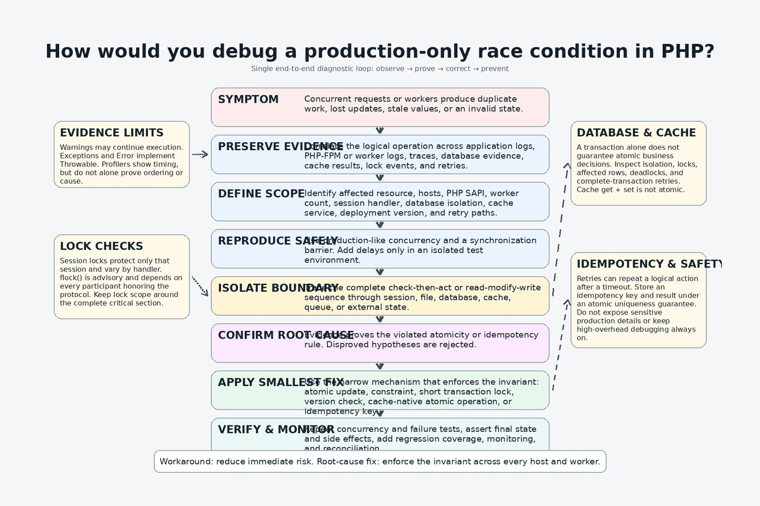 How would you debug a production-only race condition in PHP? diagram
