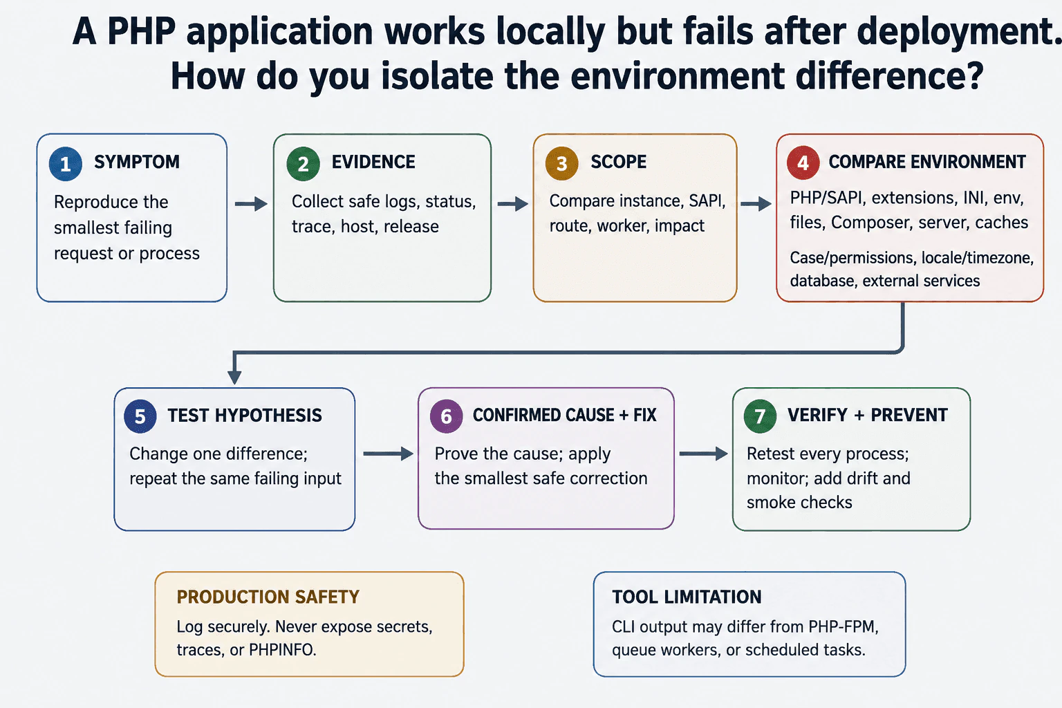 A PHP application works locally but fails after deployment. How do you isolate the environment difference? diagram