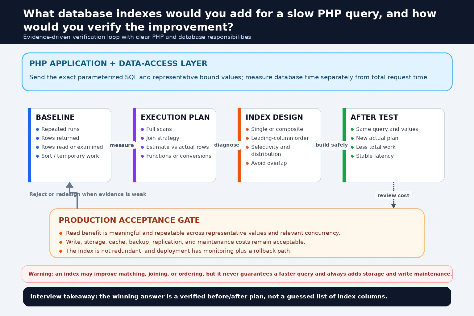 What database indexes would you add for a slow PHP query, and how would you verify the improvement? diagram