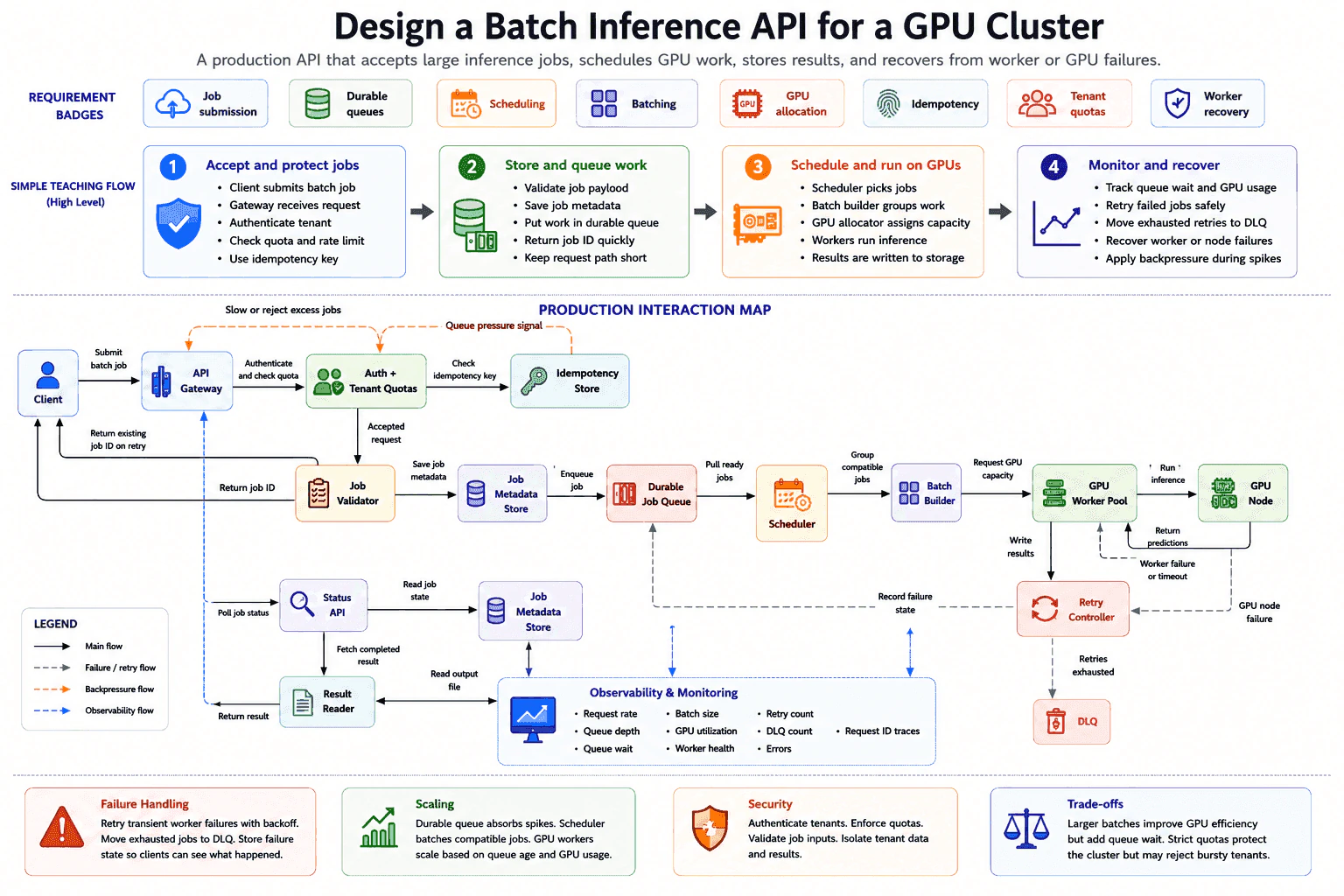 Design a batch inference API for a GPU cluster. diagram