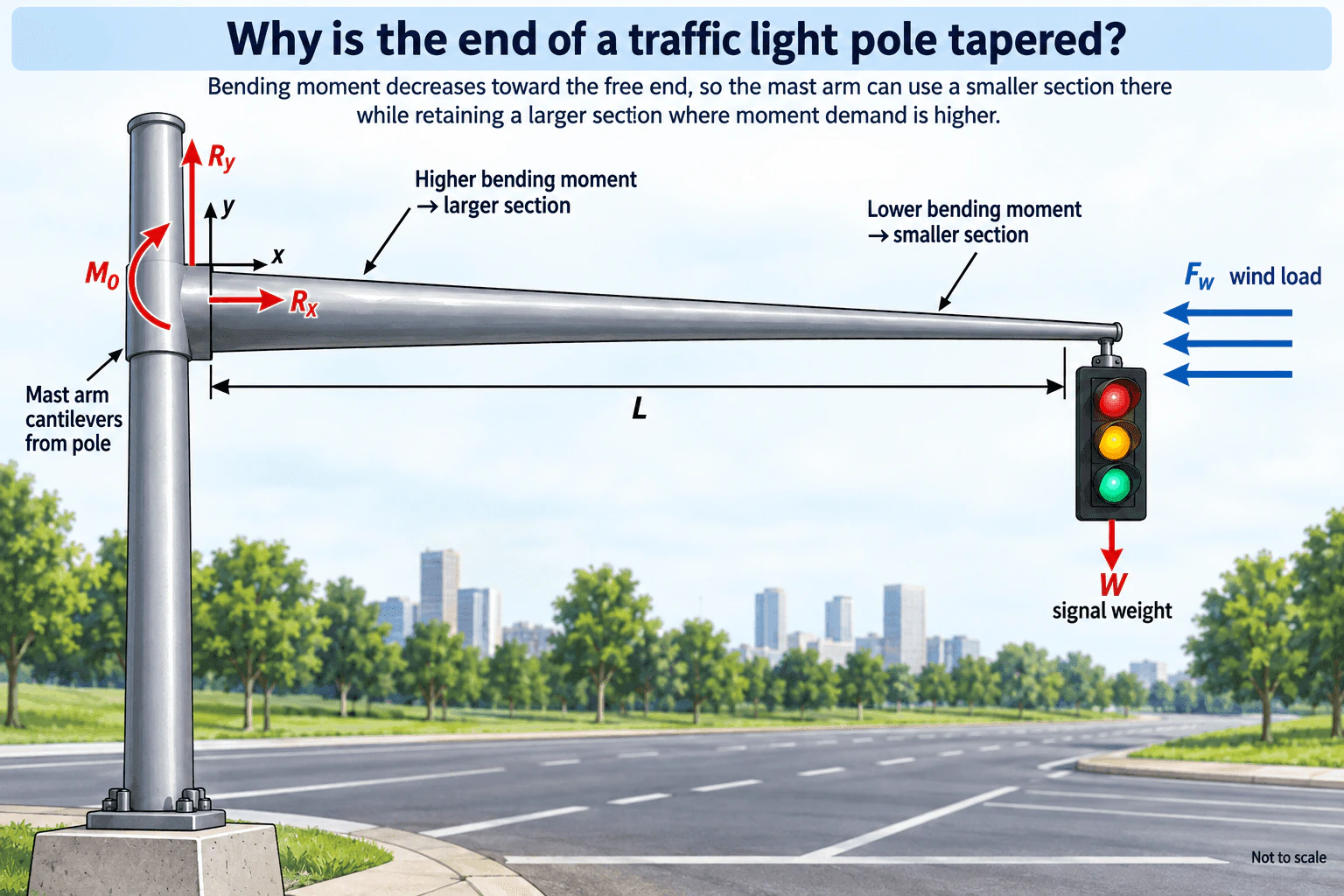 Why is the end of a traffic light pole tapered? diagram