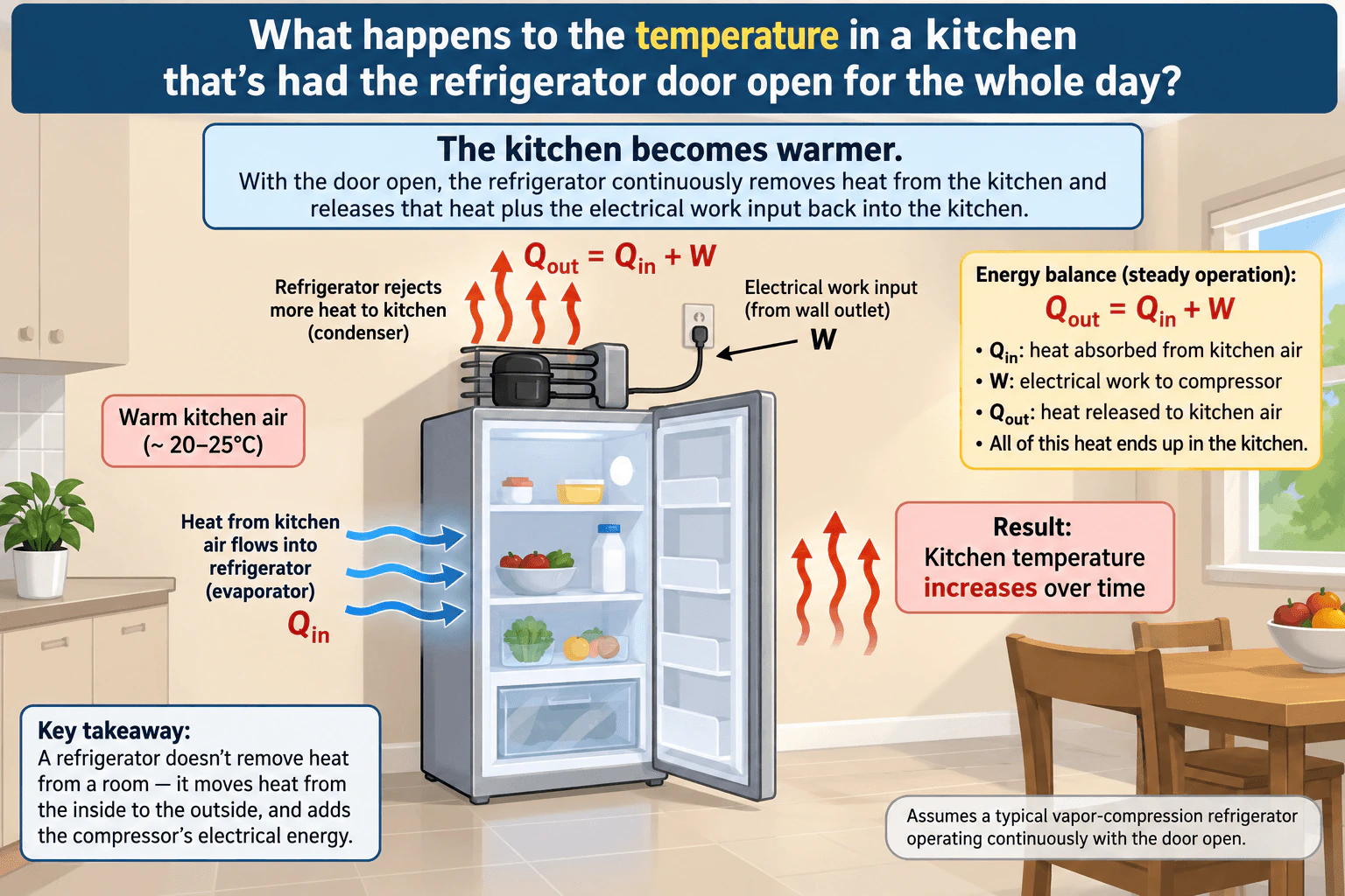 What happens to the temperature in a kitchen that's had the refrigerator door open for the whole day? diagram