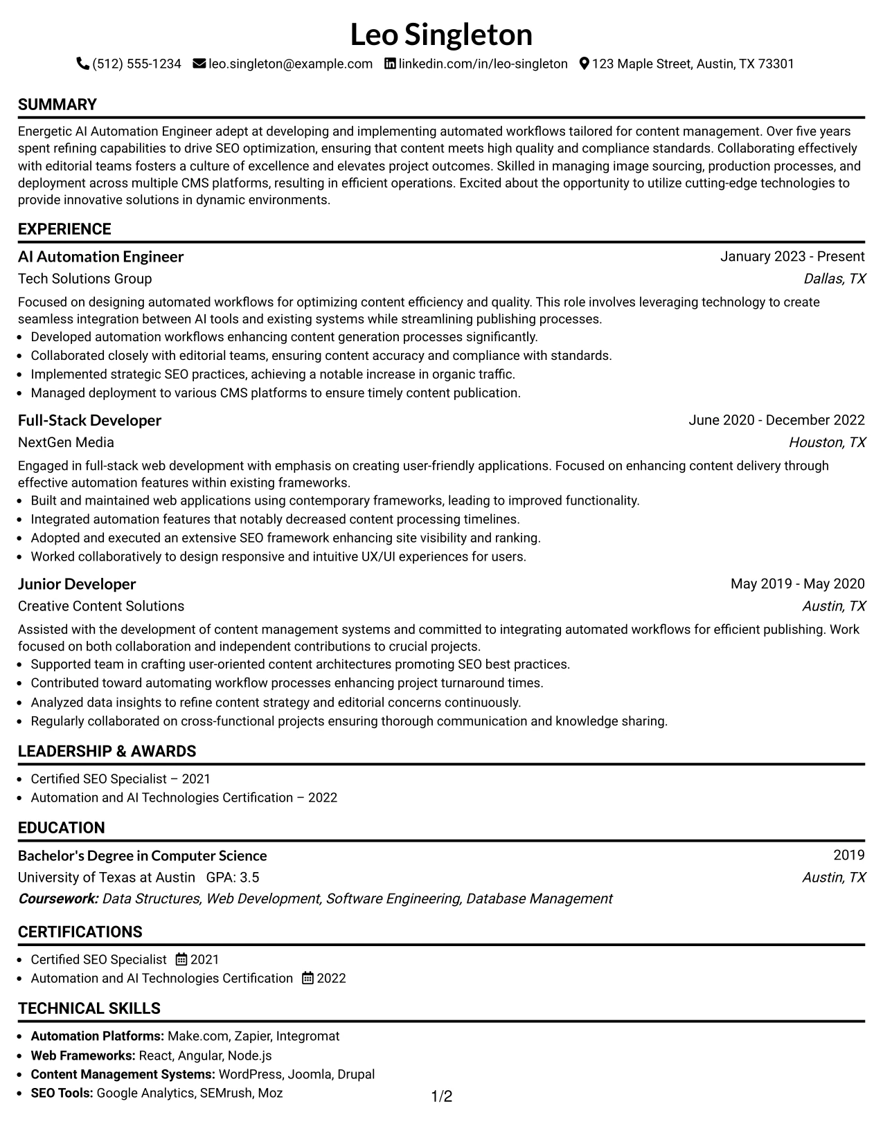 Resume Example Page 1