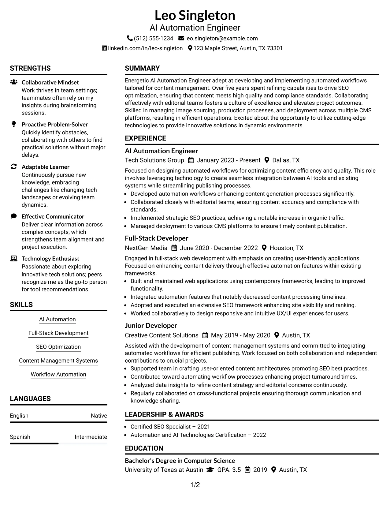 Resume Example Page 1