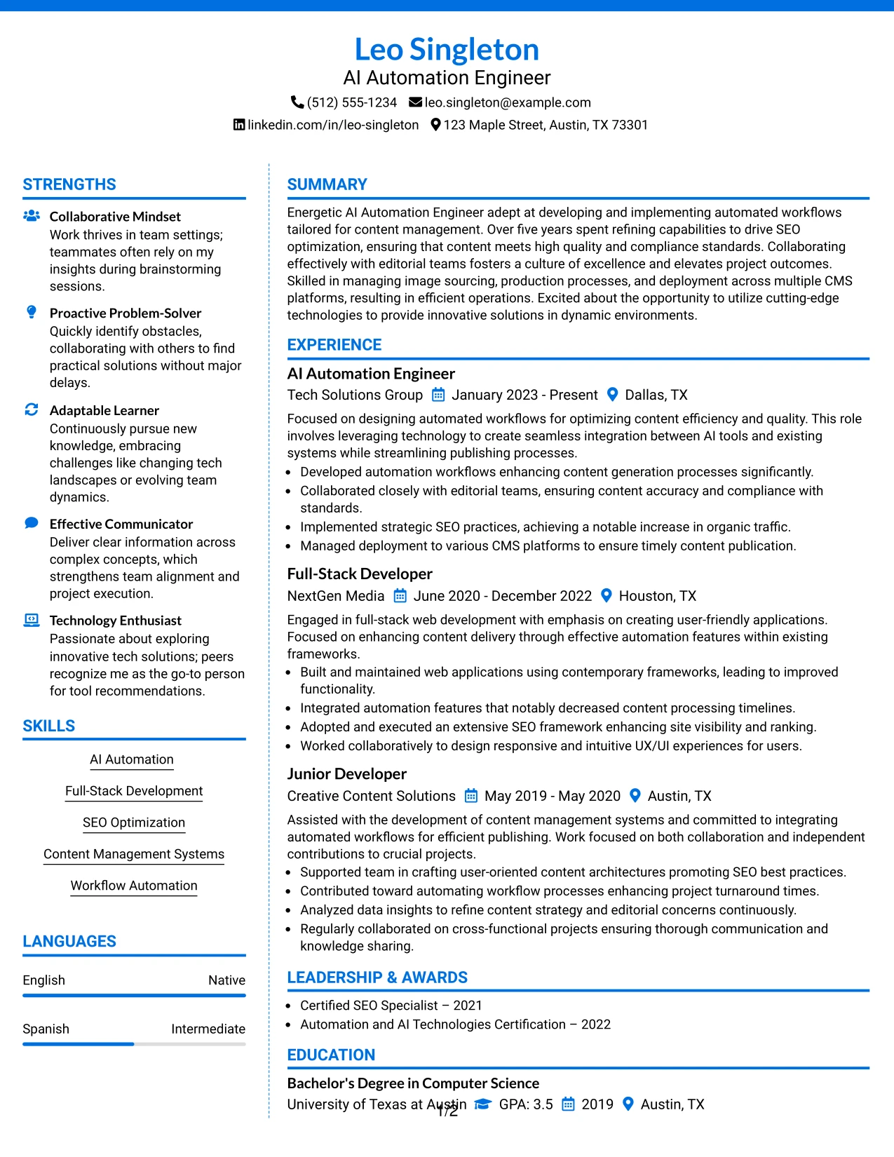 Resume Example Page 1