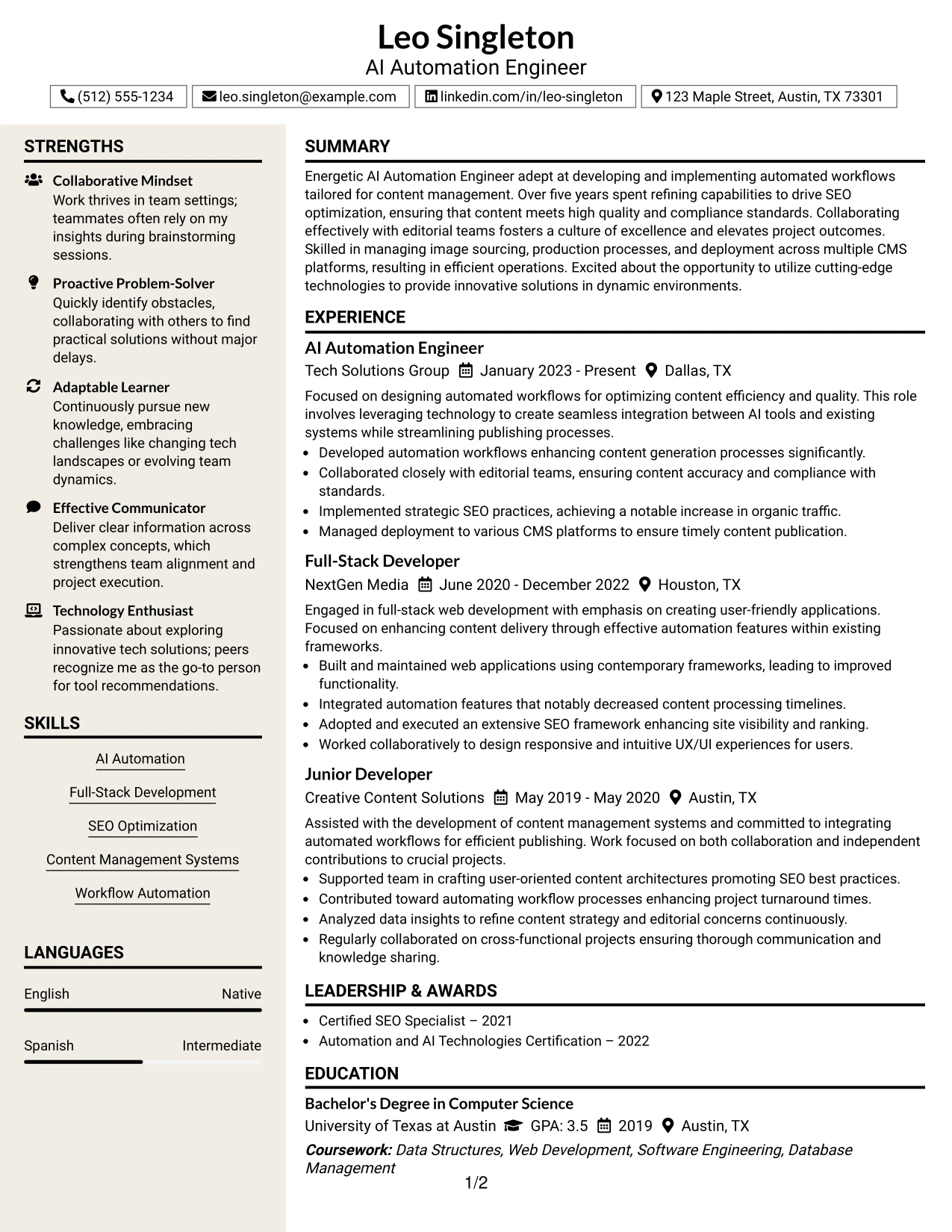 Resume Example Page 1