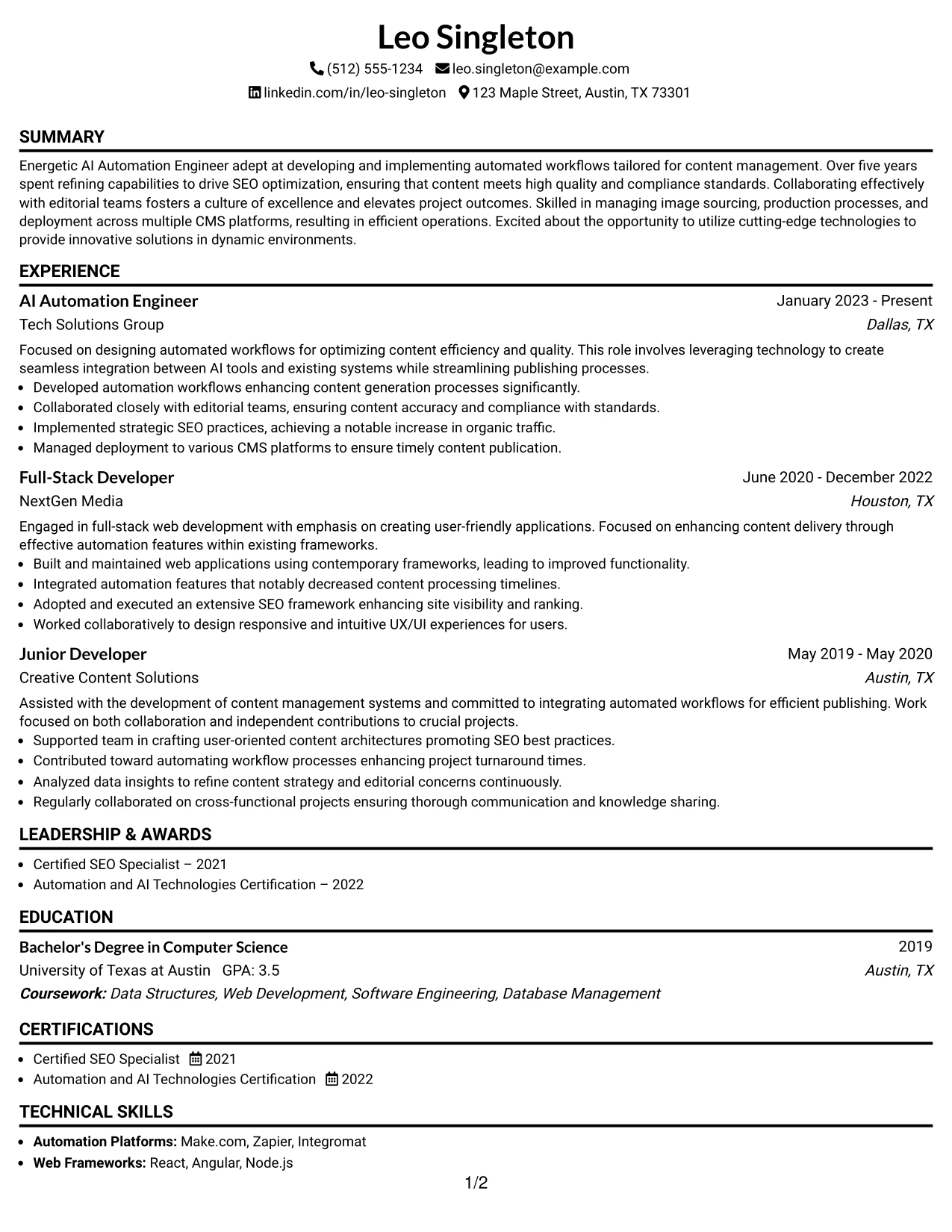 Resume Example Page 1