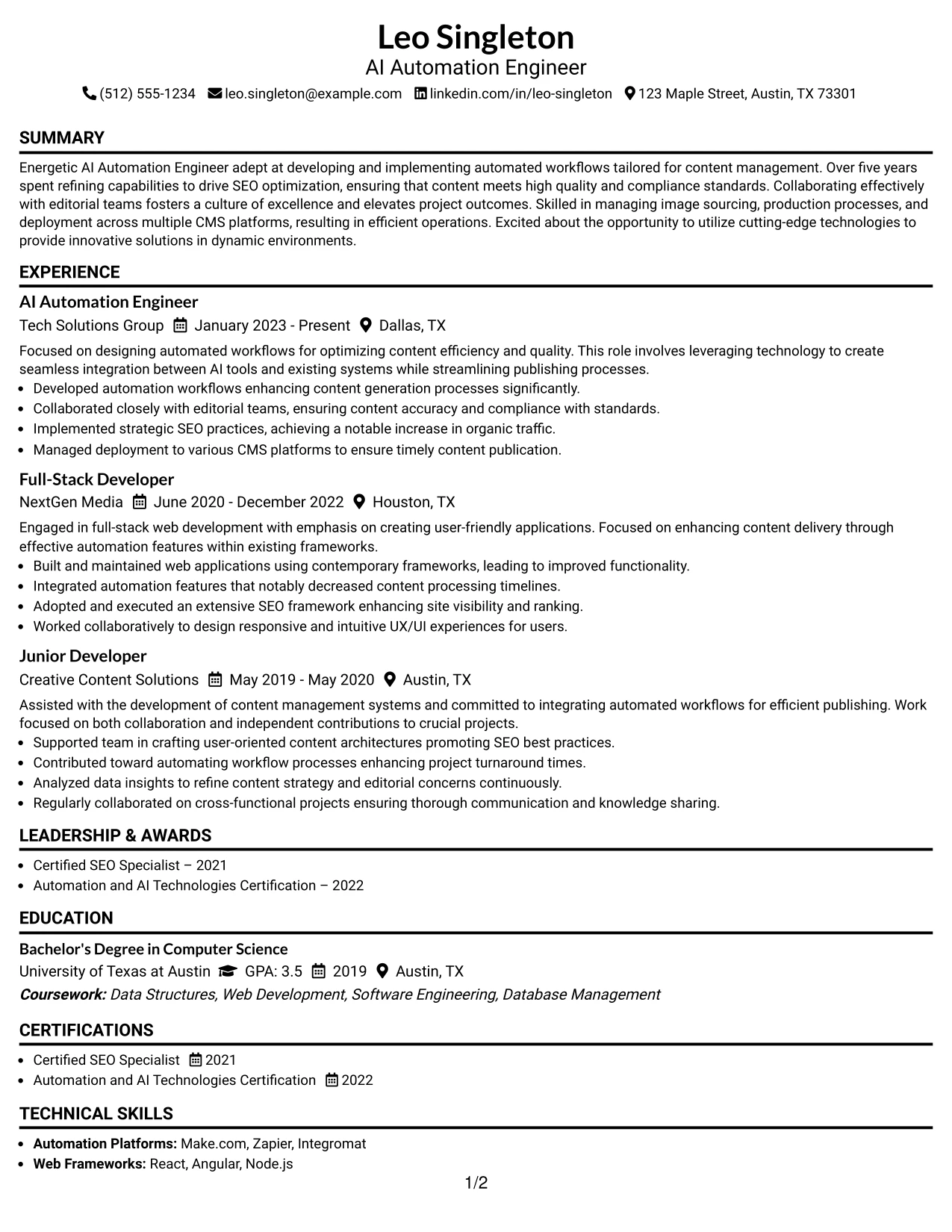 Resume Example Page 1