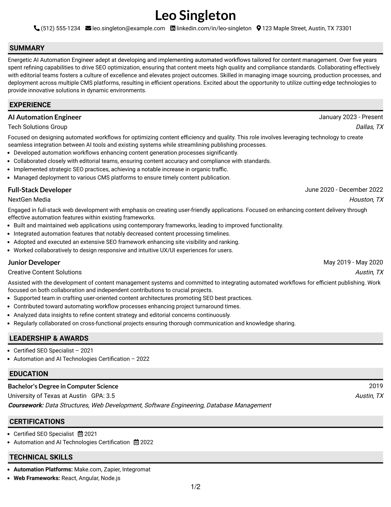 Resume Example Page 1