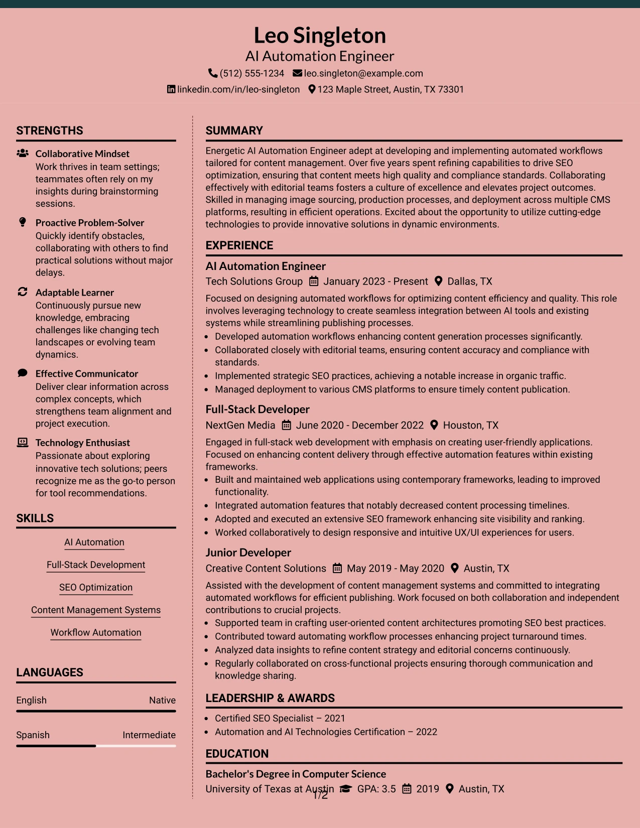 Resume Example Page 1