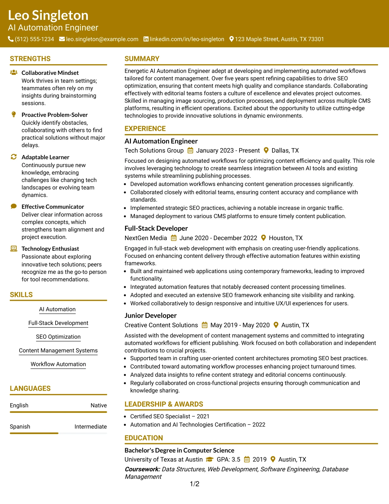 Resume Example Page 1