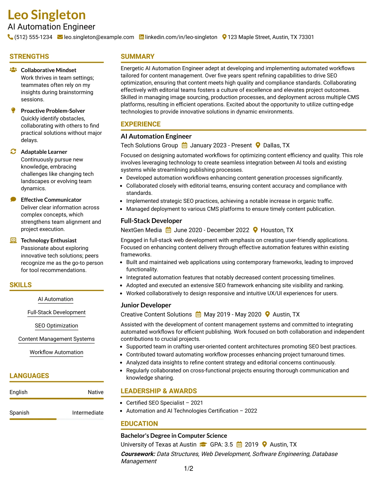 Resume Example Page 1