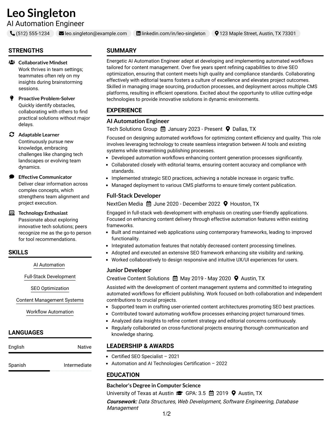 Resume Example Page 1