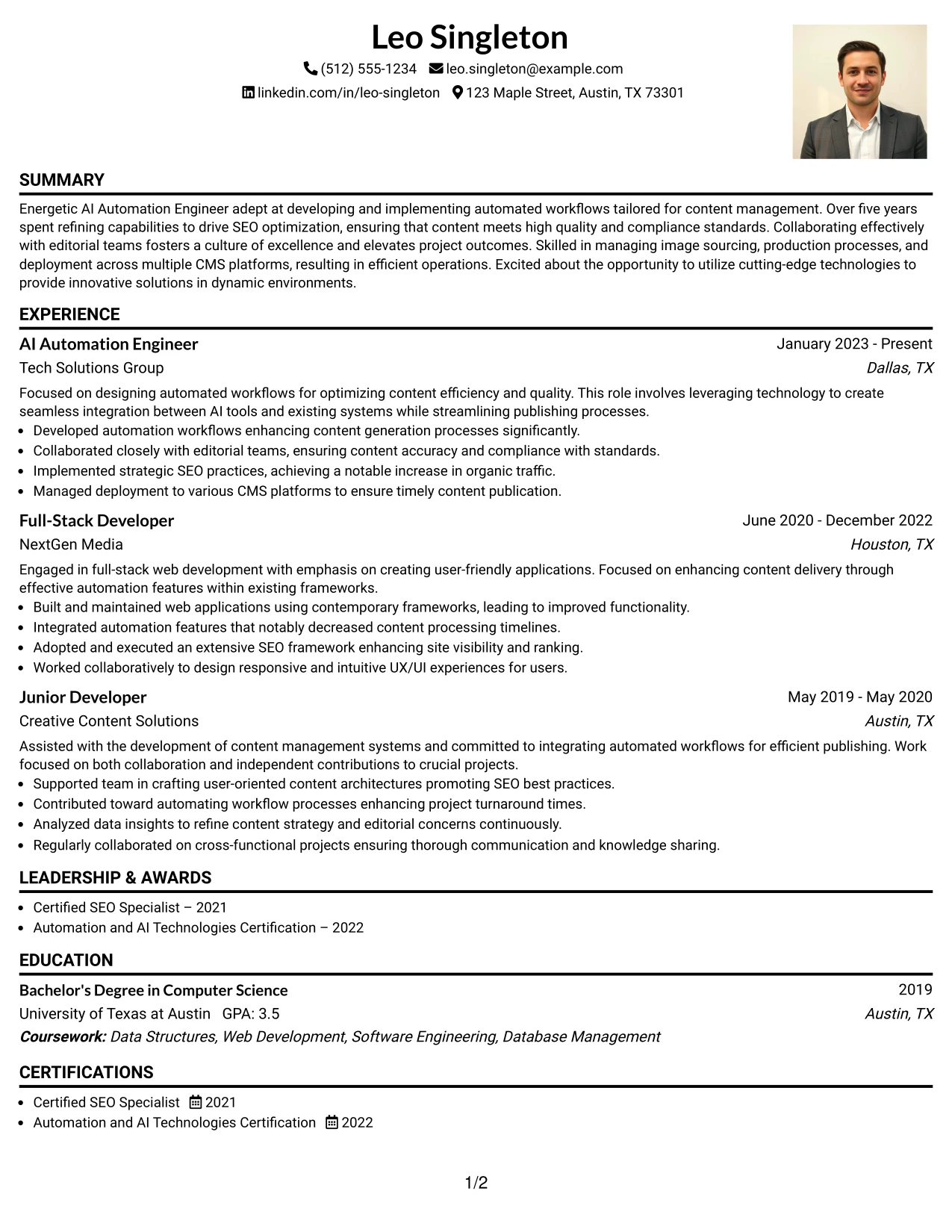 Resume Example Page 1