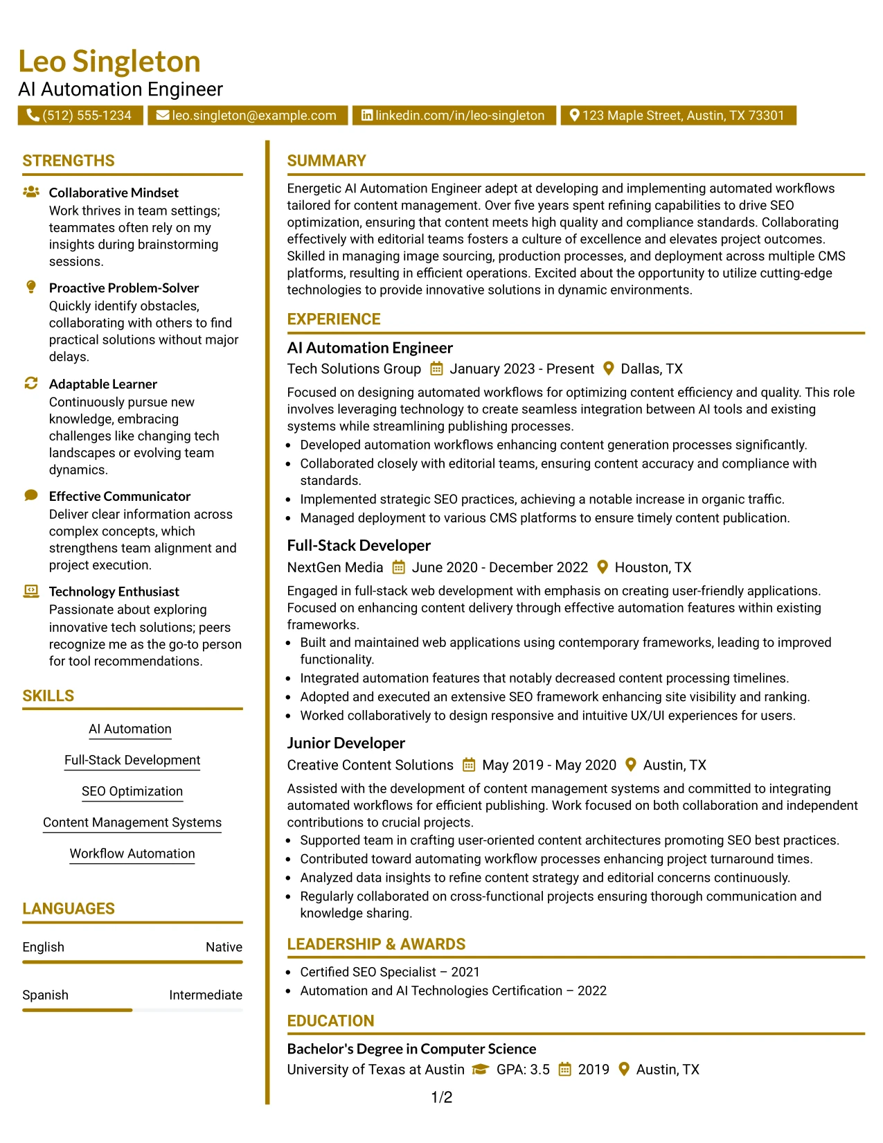 Resume Example Page 1