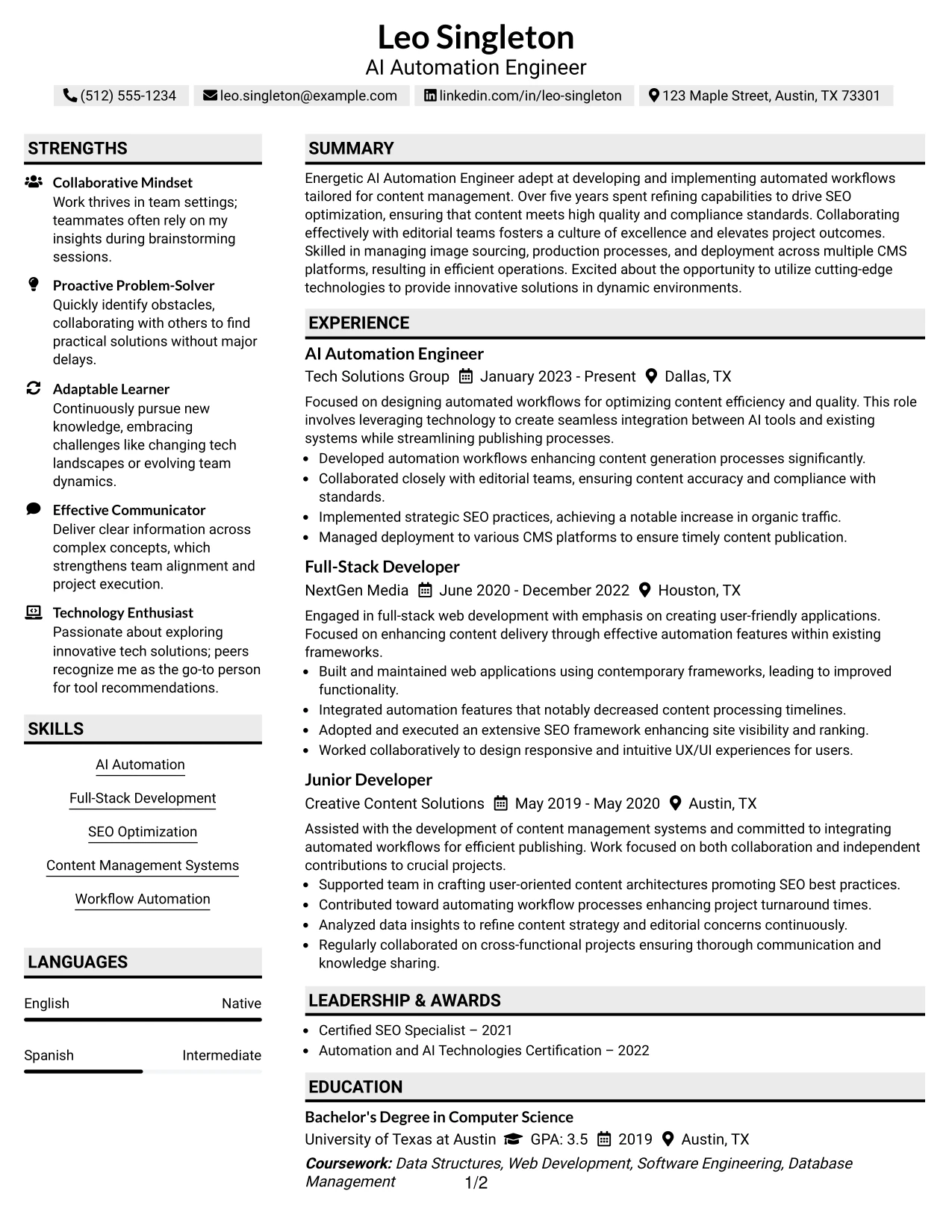 Resume Example Page 1