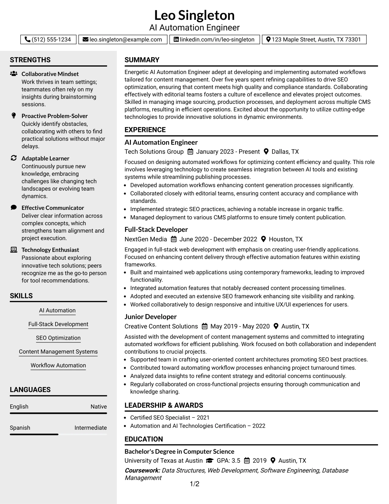 Resume Example Page 1